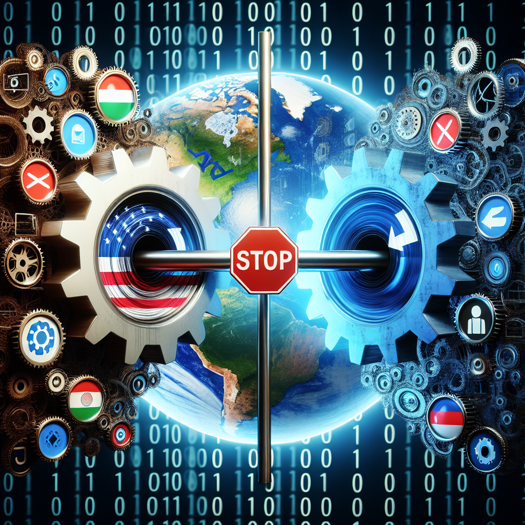 Visualize a conceptual scene denoting technology tension between two abstract entities, which can be depicted as gears or robots, emblematic of different countries. One entity is adorned with symbolic elements of technology and an icon of a video sharing app, indicating it as a point of contention. The other entity is depicted with a stop sign or a barrier to signify restriction or ban. A backdrop of binary code symbolizing the digital world, with a globe separating the entities reinforces the global impact of this tension. Bear in mind not to make the entities recognizable as specific countries or national symbols.