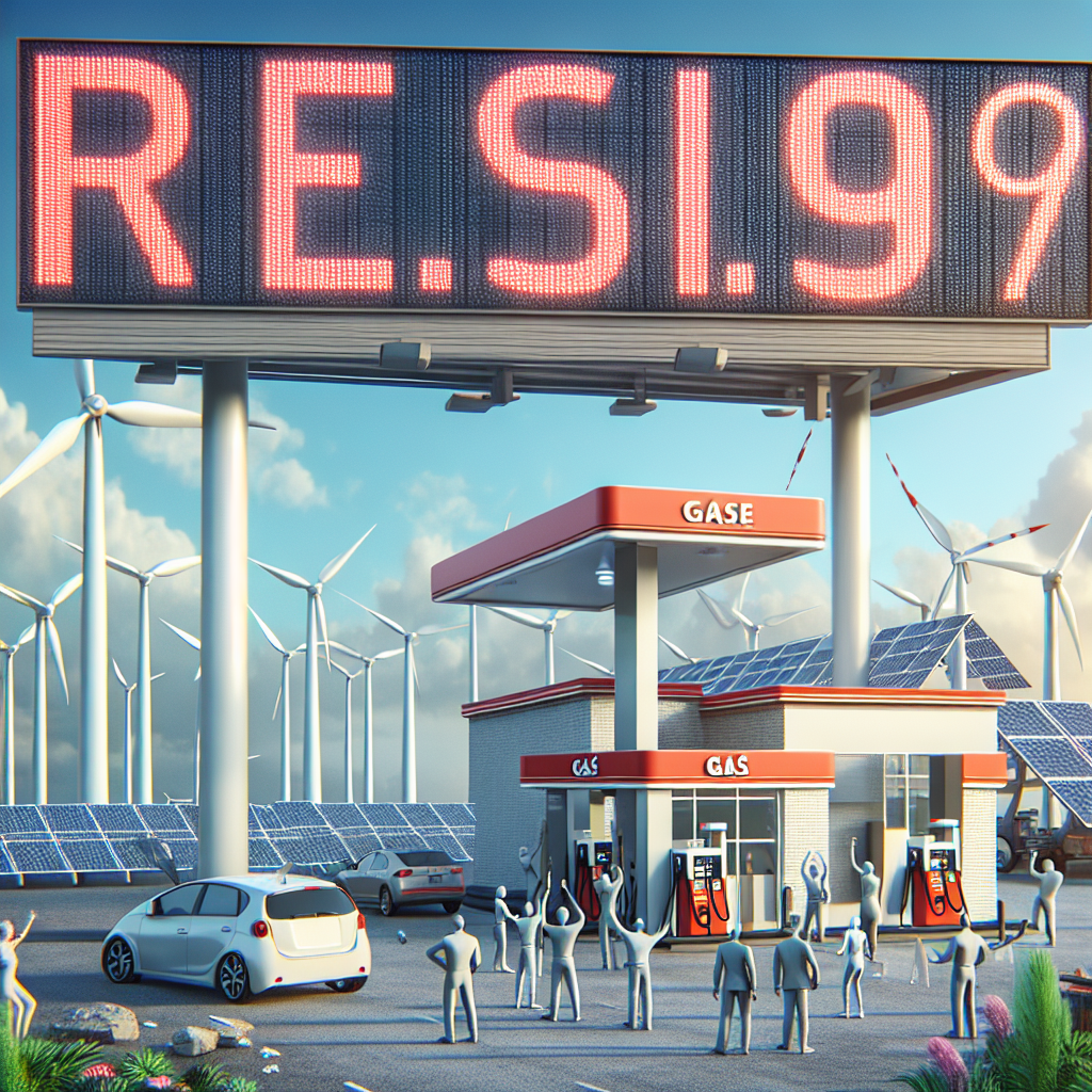 Depict a scene symbolizing the fall in gas prices amid a strategic shift in US energy policy. Show a gas station with a large billboard displaying significantly reduced prices. In the background, create an image of renewable energy infrastructure such as wind turbines and solar panels to represent the shift in energy policy. Include people of various descents, males and females, celebrating the lower gas prices, but also looking hopeful towards the renewable energy structures. Make sure the scene is set during daytime under a bright, clear sky.