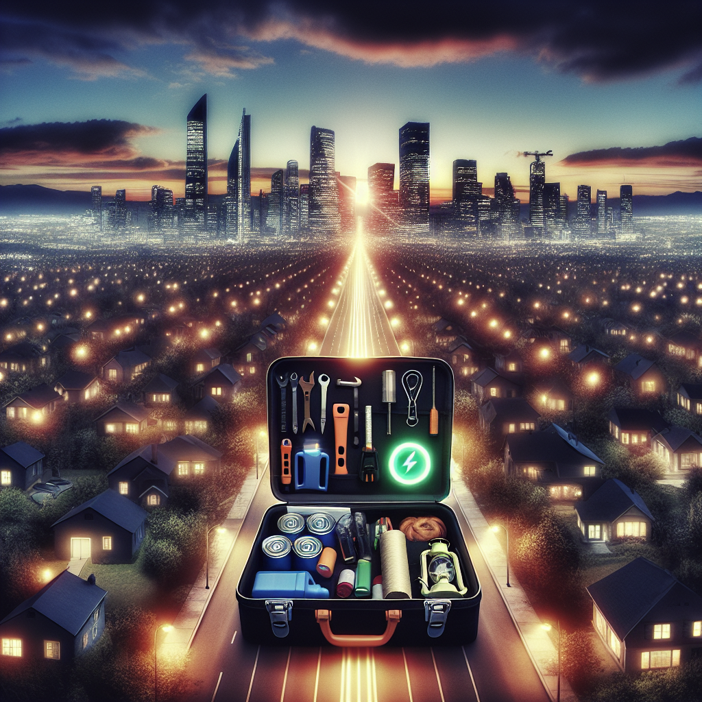 Visualize an expansive landscape showing a city at dusk. Illuminated skyscrapers, street lights, and home lights dominate the scene, underscoring the urban area's reliance on the power grid. Suddenly, the lights begin to flicker, then go out entirely, casting the city into darkness. In the center, juxtapose this with an open emergency tool kit with vital items needed during a blackout - flashlights, batteries, radio, canned food, and a first aid kit. On the horizon, signify hope with the slow rise of a sun, symbolizing the journey towards recovery and power restoration.