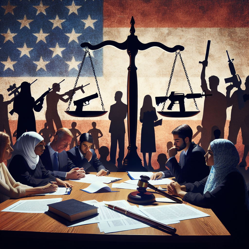 An image relating to the theme of federal gun control legislation. Imagery could include a symbolic balance with a gun on one side and a gavel on the other to signify legislation. Visibly, a background filled with silhouettes of multi-ethnic people advocating for peace and safety. In the foreground, a group of diverse individuals including a Middle-Eastern woman, a Caucasian man, a Black woman, and a South Asian man collectively analyzing the legislation document spread on a table. Highlighting the theme of dialogue, understanding, and justice.