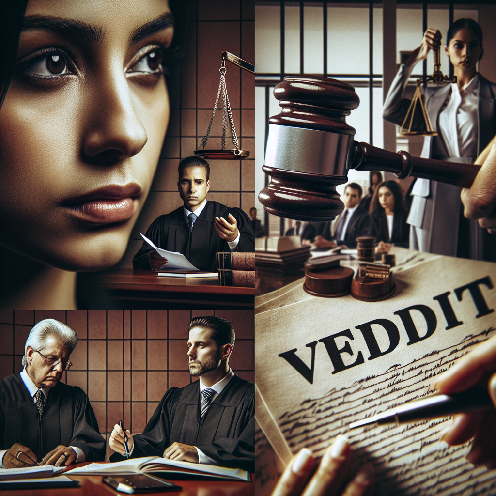An image composition that mirrors the gravitas of high-profile criminal trails in the US. Elements could include a gavel hitting a sound block to symbolize the ratification of a verdict, a serious faced female Hispanic judge in a courtroom, a pair of Caucasian male and female attorneys holding legal documents engaged in serious discussion, and a close up shot of legal papers with the word 'Verdict' prominently displayed. The image should also present the atmosphere of solemnity and tension typical of a high-profile criminal trial.