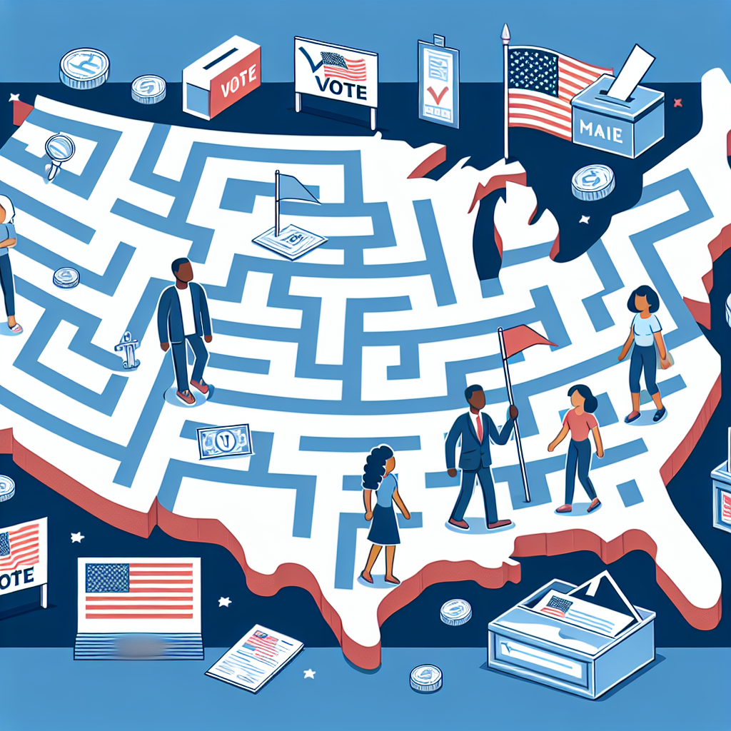 Illustration for an article about an informative guide to navigating the impact of voting law changes in the US. The image should showcase a diverse group of citizens. Picture an African American man, a Hispanic woman, a Caucasian woman, and a Middle-Eastern man navigating a large maze that's shaped like the United States map. Within the maze, symbolize various voting laws with suitable iconography like a ballot box, a voter ID card, mail-in envelopes, etc. Do not include any specific political symbols or figures.
