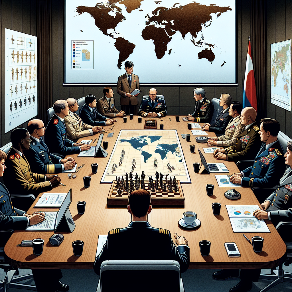 A detailed illustration of a conference meeting room. At the large oak table, an equal amount of men and women, representative of various descents like Caucasian, Black, East Asian and Middle-Eastern, are engaging in a discussion. A projector showcasing a world map pinpointing different regions and countries of the world is displayed on one wall and the table is littered with various papers, laptops and cups of black coffee. They are all well dressed in formal attire, displaying symbols of various ranks in the military service. In the center, have a strategic game board with miniature military figurines.