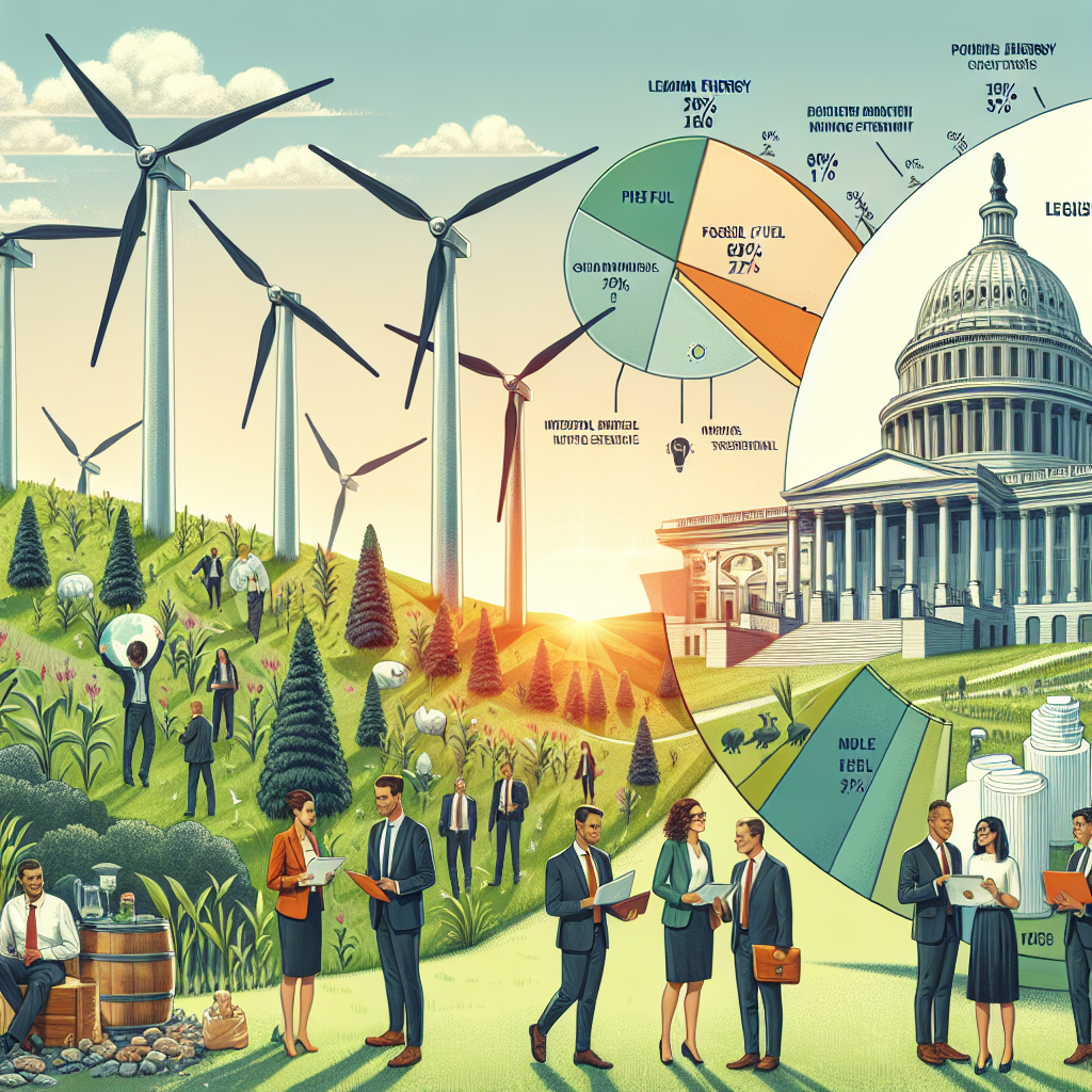 A detailed illustration depicting the scene of clean energy investments. Showcase wind turbines on a verdant hill symbolizing renewable energy sources. Nearby, a group of racially diverse and gender-balanced business people, holding portfolios, are in a discussion, symbolic of the investment strategies. Provide context with a government building in the background as a nod to legislation. The sky should be clear emphasizing the notion of impactful climate change strategies. Creatively embed the setting sun which doubles up as a pie-chart, indicating the percentage of clean energy use, fossil fuel, and others.