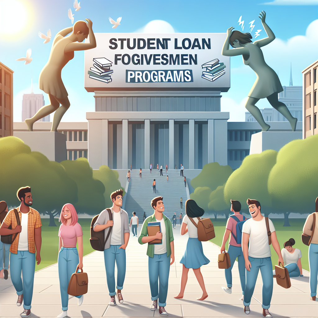 A serene college campus scene, with a mix of students of various genders and descents casually walking through, carrying backpacks and books. They look relieved, expressing joy and freedom. Rising in the background, a large billboard is seen, which carries the bold, capitalized text of 'STUDENT LOAN FORGIVENESS PROGRAMS'. Stressed figures, symbolizing student loan debts, are crumbling and disappearing at the bottom of the billboard, while near the top, a bright sunlight symbolizes the easiness of the new repayment updates.