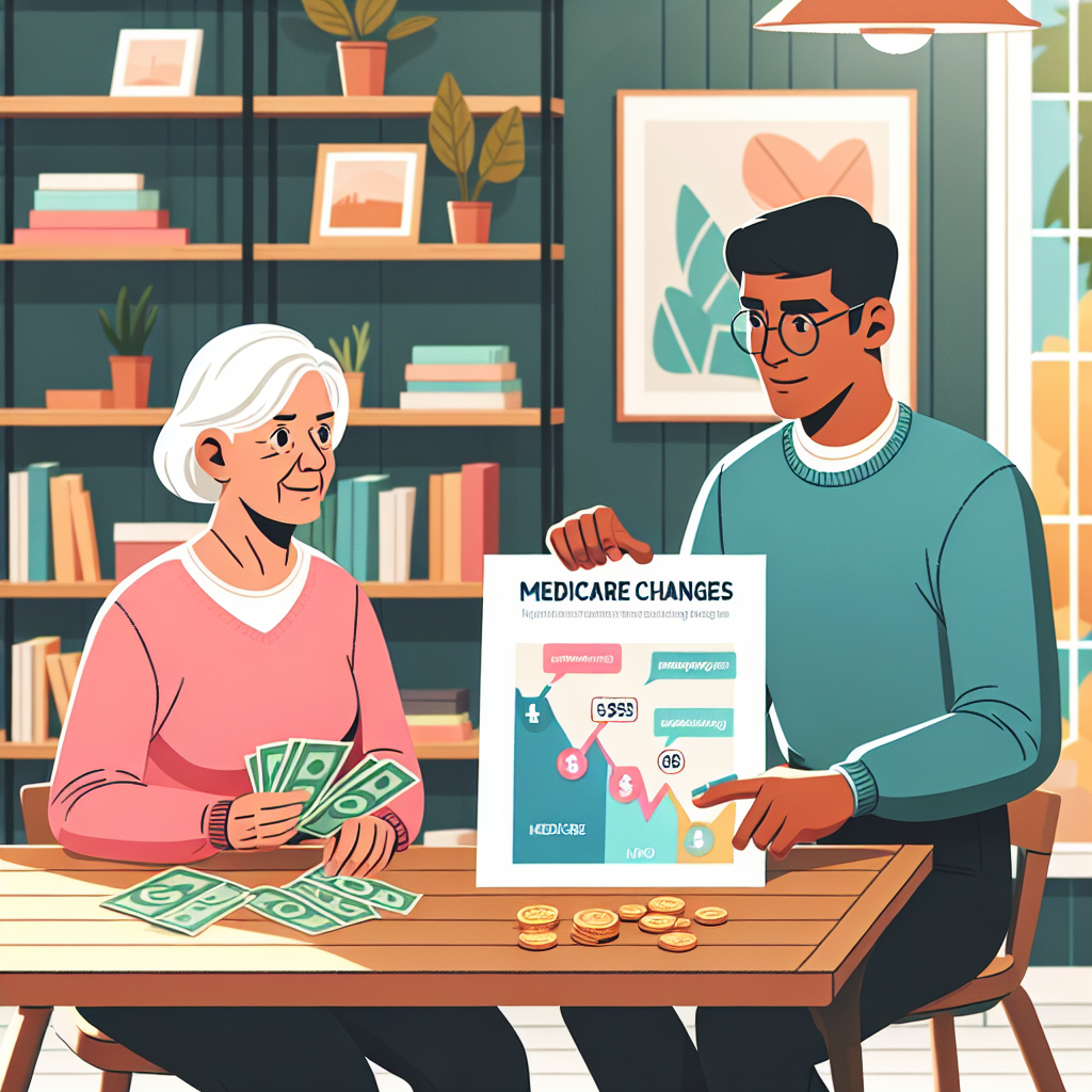 An illustrative image for an article about healthcare savings. Render an elderly Caucasian woman and a younger Hispanic man, both dressed casually, sitting comfortably at a wooden desk. The woman is looking at a pile of dollar bills, while the man explains things to her and points towards a chart showing Medicare changes. The chart is bright, with simplistic illustrations and colours indicating different healthcare costs. The room they are in has a cosy, welcoming atmosphere with soft lighting, bookshelves filled with a variety of books, and an indoor potted plant, conveying a visual metaphor for safe and effortless ways to navigate healthcare costs.