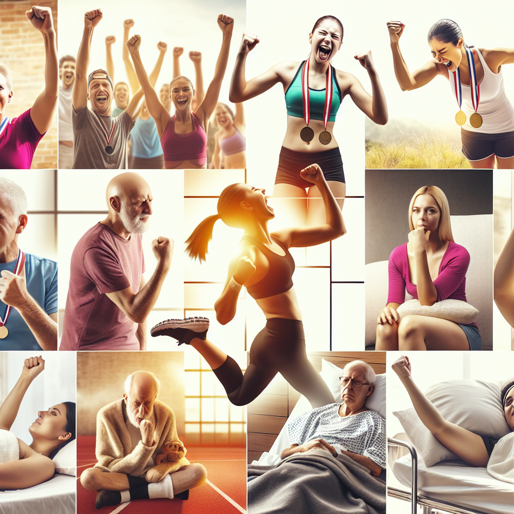 A collage featuring unknown persons reaching health milestones. On one side, depict joyful moments such as the accomplishment of a fitness goal or a successful recovery from an illness. People celebrate by holding up medals, giving high-fives, and throwing triumphant fists in the air. These individuals should be adults of various descents and genders. Some are Caucasian, some Middle-Eastern, others Black and Hispanic. On the other side, illustrate challenging moments of health struggles, perhaps a person struggling through a workout or someone resting in a hospital bed. Show resilience and determination on their faces.