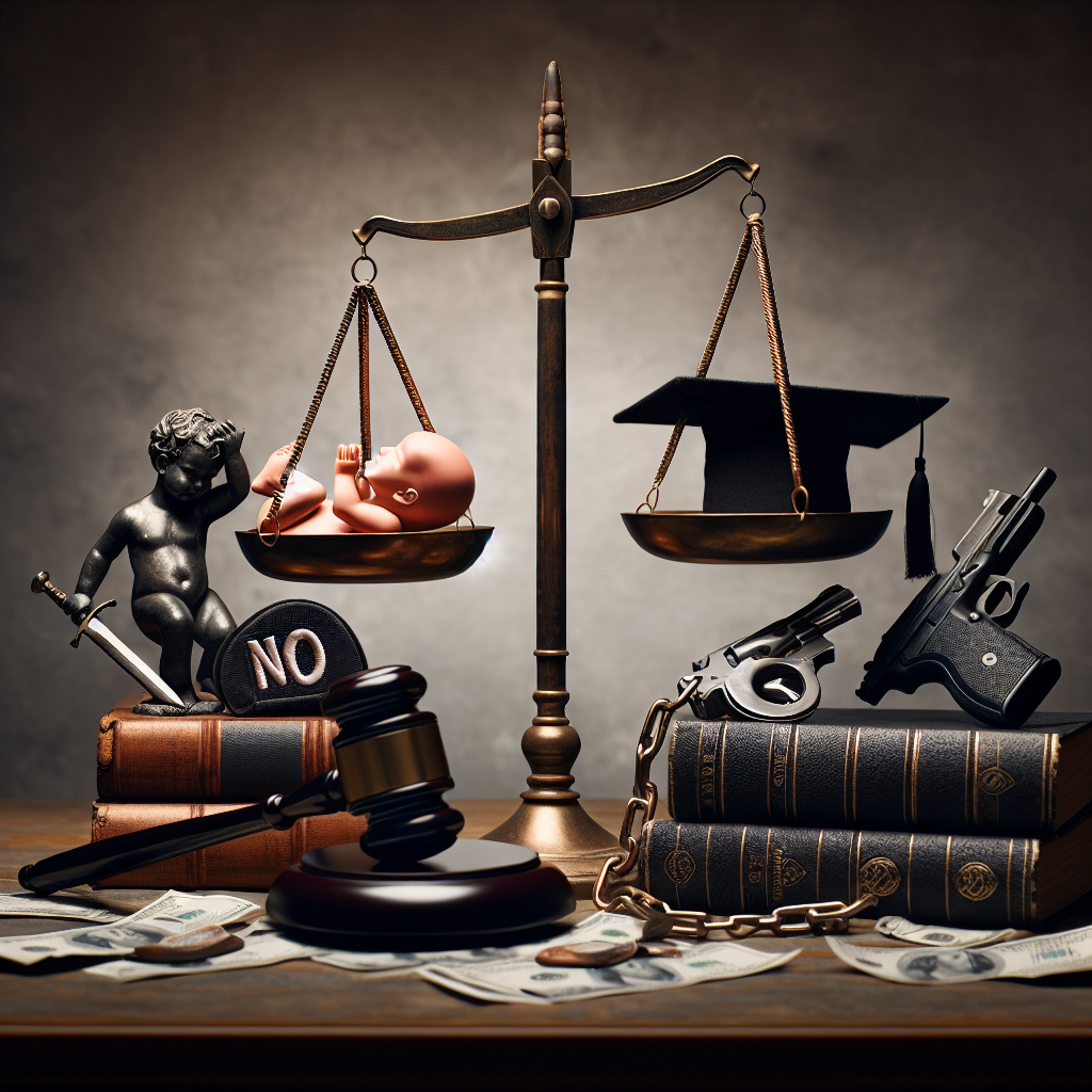 A conceptual image featuring balanced scales [symbolizing justice], a gavel, some legal books, and representations of the topics discussed in the article: a stethoscope and a human fetus [symbolizing abortion], a gun inside a 'No' prohibition sign [symbolizing gun laws], and a graduation cap next to chained banknotes [symbolizing student loans]. The scales should suggest the weighing of options and decisions. The setting is somber, with subdued lighting and the richness of detail that implies devoted scrutiny. The elements should be arranged artistically, with compositional balance and harmony to enhance the image's visual appeal.