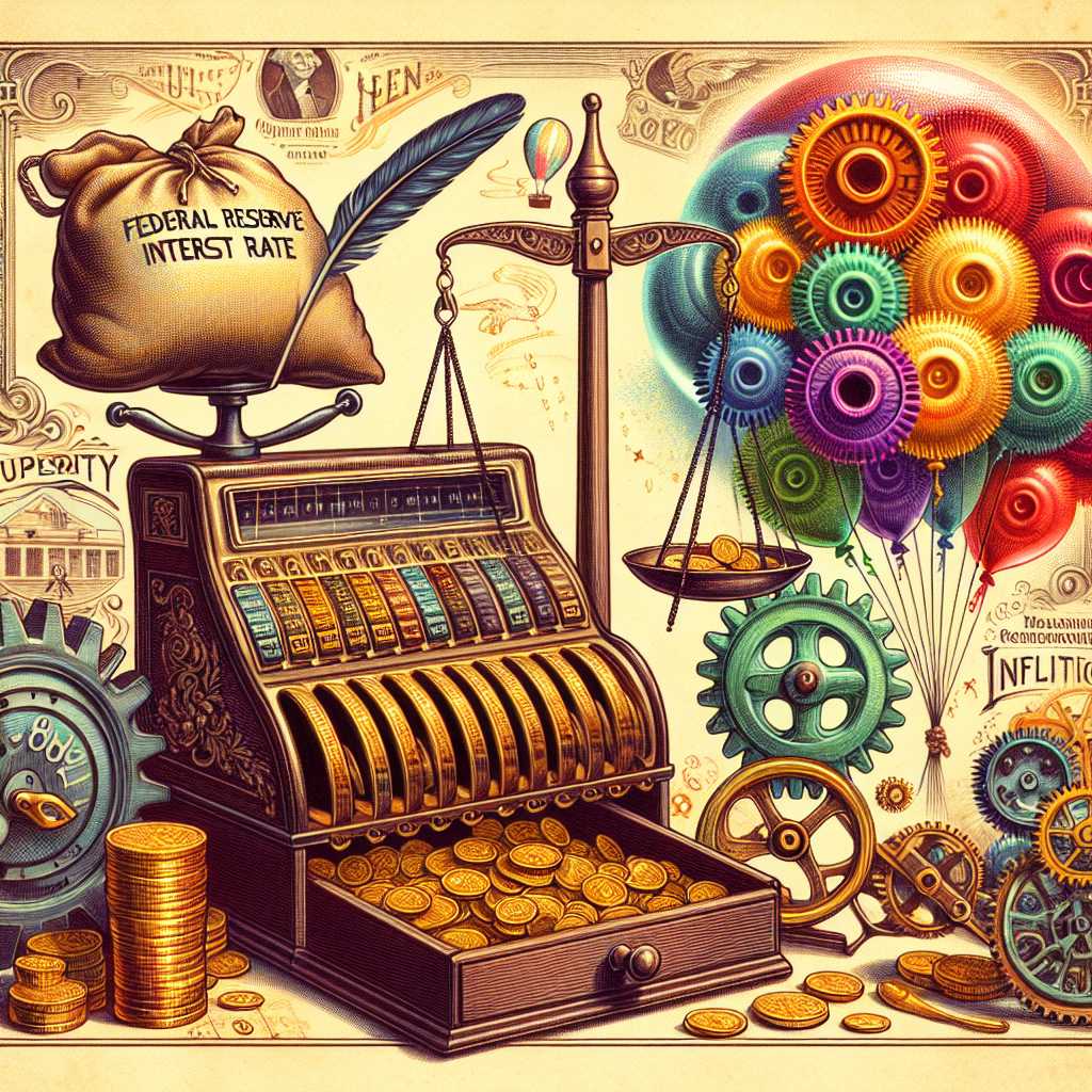 Illustrate a specific, metaphorical scene related to economics: An open antique cash register full of shiny gold coins signifies prosperity. On one side, a classic scale balances a heavy bag labeled 'Federal Reserve Interest Rate' and a feather, symbolizing the light touch of careful decisions. On the other side, several vibrant gears, signifying strategies, are interlocking and turning together smoothly. In the background, an inflating balloon analogizes to managing inflation, growing gradually but not popping. Provide historical and symbolic elements, reminiscent of a vintage engraving style.