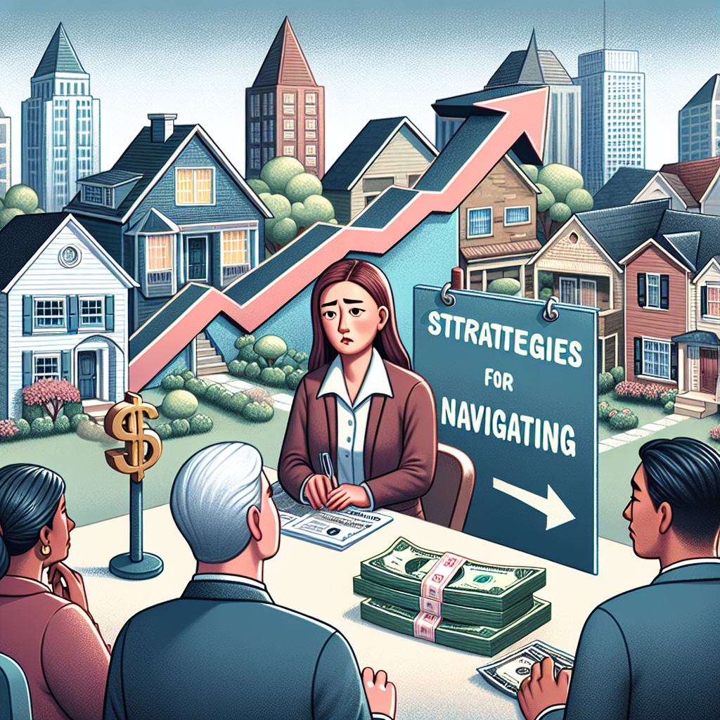 Illustrate a scene based on the current housing market crisis in the US. The main focus should be an upward trending graph symbolizing the surge in mortgage rates. This should be in the hands of a female Asian economist, looking concerned. In the background, a representation of the US housing market, with houses of different styles and sizes, indicating diversity. A Caucasian real estate agent should be seen discussing with a South Asian couple who seem worried. Also include a sign board with the text 'Strategies for Navigating' pointing towards a maze-like structure made of dollar bills.