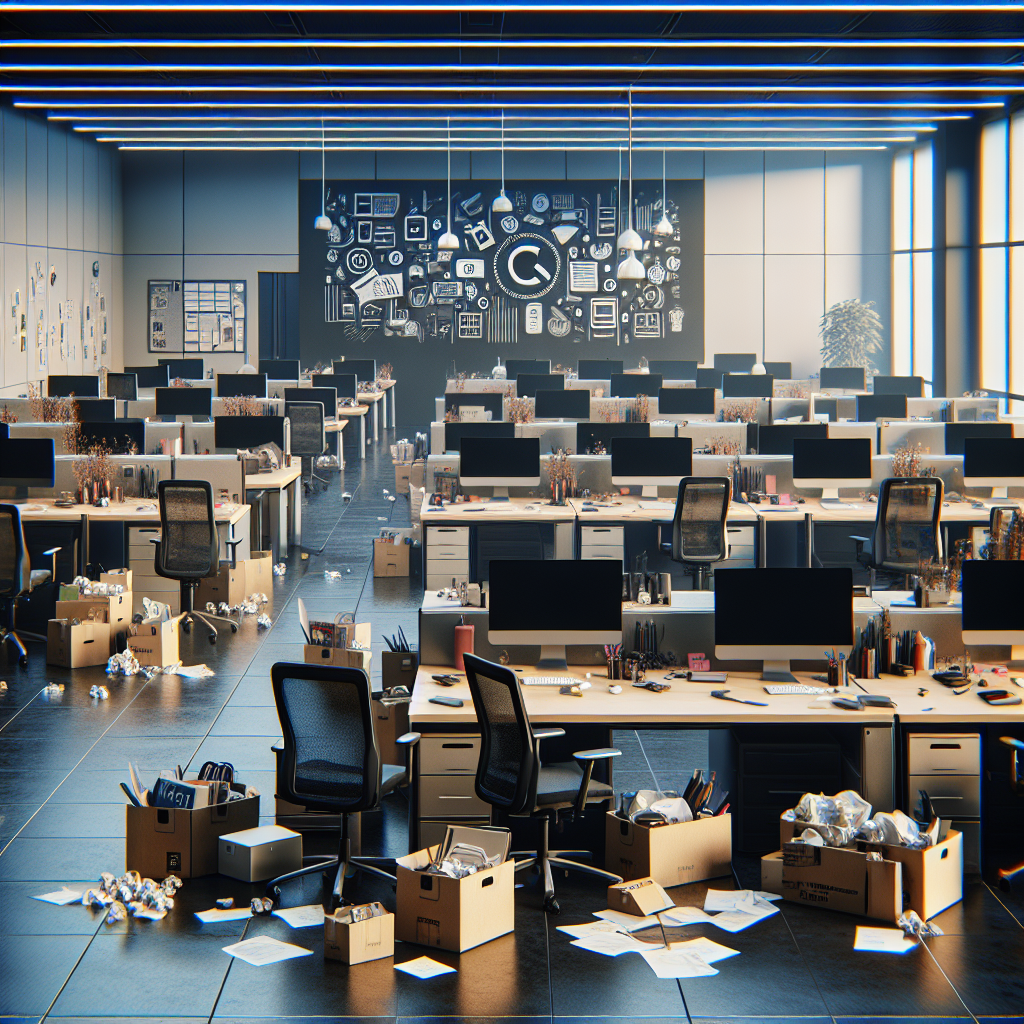 Depict a sombre office environment that alludes to layoffs in the tech sector. Show empty desks with computer monitors still on, chairs pushed back, stacks of boxes filled with stationery and personal belongings, and scatterings of crumpled papers. The space should be a large, open-concept area, typical of a modern tech company. Incorporate prominent tech symbols discreetly, perhaps on wall murals or standees, to subtly implied it being a tech company without specifically naming one.