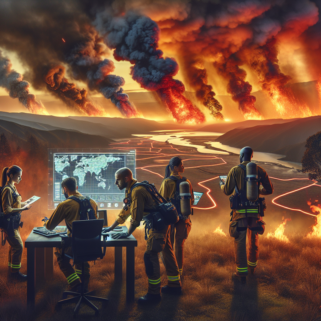 Compelling visualization of a wildfire emergency during an extreme heatwave on a vast landscape. Show firefighters, including both a Middle-Eastern female and a Hispanic male, bravely battling the raging forest fire with their equipment. The scenery should depict towering smoke clouds casting an orange tint over the horizon, with embers flying through the air. Also include individuals implementing heatwave strategies, such as a South Asian female setting up emergency water coolers and a Black male displaying a detailed plan map. The tone should be serious and inspiring.