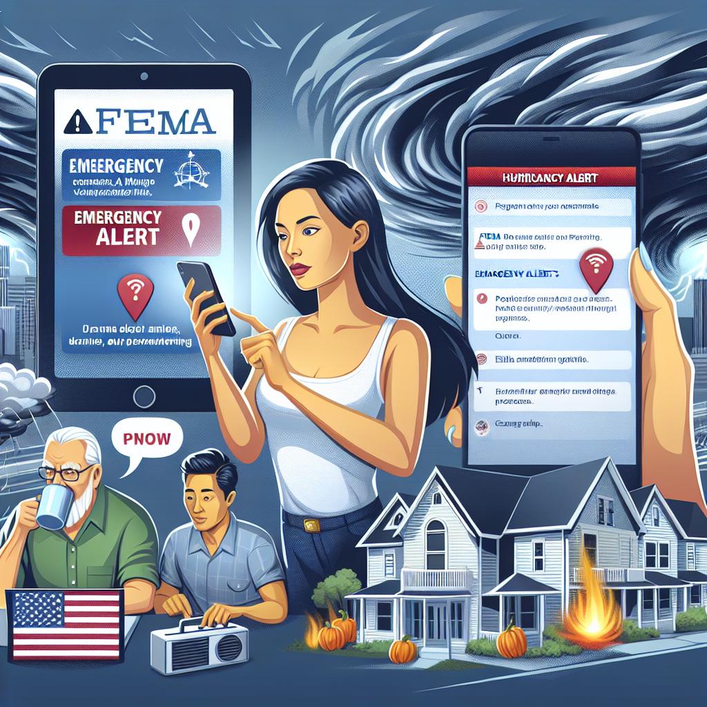 Depict a scenario focused on emergency preparedness for a hurricane. Picture a community receiving hurricane alerts through various means. Show a Hispanic woman in her thirties checking a mobile device with a FEMA alert on the screen; an East Asian elderly man next to a radio broadcasting an emergency alert; and a Caucasian teenager looking at a computer screen displaying emergency procedures. In the background, portray dark storm clouds brewing in the sky as a symbol of the approaching hurricane. Remember to include the elements that emphasize preparedness such as emergency kits, maps, and evacuation plans.