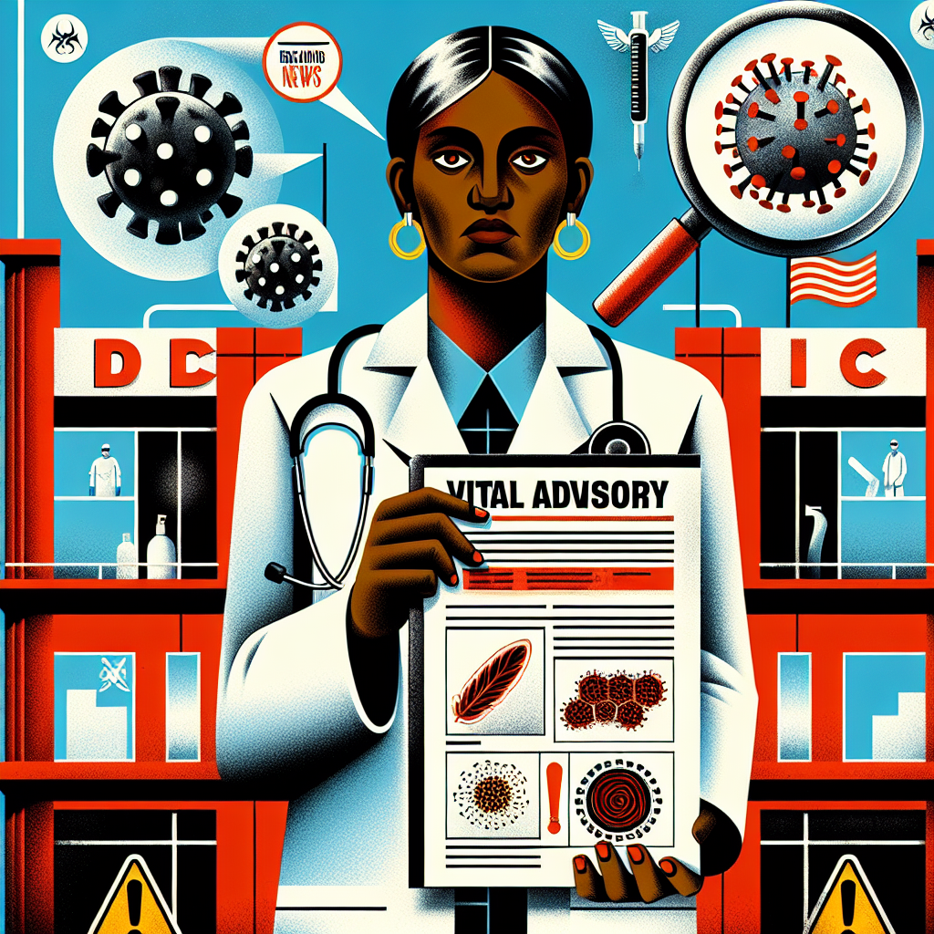 An illustration featuring a building with 'CDC' sign out front, a stern doctor, of Black descent and female, holding up a document titled 'Vital Advisory'. The document contains representations of different virus structures, suggestive of new variants and a magnifying glass hovers over them, indicating scrutiny. The background adds visual elements signifying urgency - alarm bells, exclamation marks, etc. A ticker tape flows across the bottom with 'Breaking News' in bold letters. The color scheme is primarily red and white to give a sense of urgency.