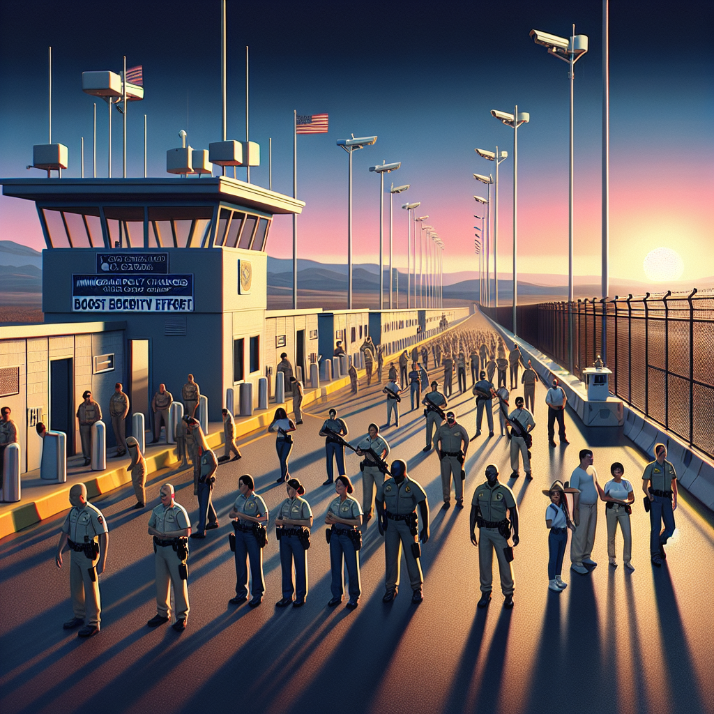 A detailed perspective of a border landscape as seen during sunrise. Stretching ahead is a state-of-the-art security setup highlighting various elements such as surveillance cameras, security checkpoints staffed by diverse male and female security personnel of different descents such as Caucasian, Hispanic, Black, Middle-Eastern, South Asian. Include a banner fluttering in the morning wind, visible in the far background, saying: 'Immigration Policy Changes: Boost Border Security Efforts'. The backdrop includes an early morning sky transitioning from indigo to soft pink hues, casting a long, contemplative shadow over the scene.