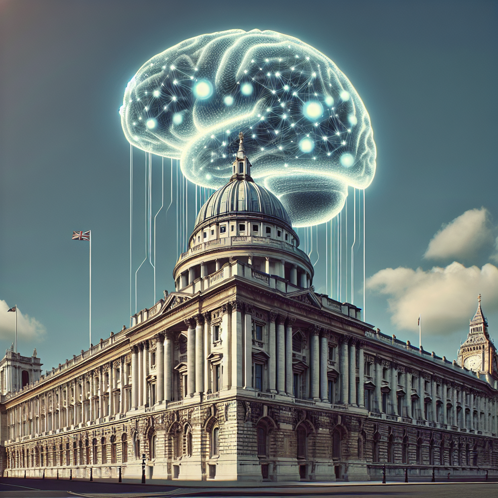 An image which symbolizes government involvement in Artificial Intelligence (AI). A stern of a grand, imposing governmental building in neo-classic style set against a clear day sky. Hovering suitably above the scene is a stylized representation of AI - a complex network of glowing nodes and edges forming a brain. Inserting as text: 'AI Regulation: Policy on Artificial Intelligence - Essential Insights'