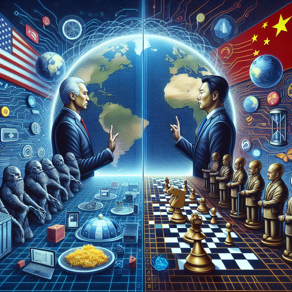 Depict a conceptual scene showing the US and China as two cybernetic entities, facing each other across a digital globe dotted with technological icons. Both have a hand raised, indicative of heated conversation or debate. In the forefront, various digital strategy pieces like a substratum vault symbolizing data protection, a chess knight showing strategic movements, and a diversely populated, digital hourglass representing the dwindling time. Do not illustrate identifiable political figures. The overall mood should represent the tension while focusing on the theme of technology.