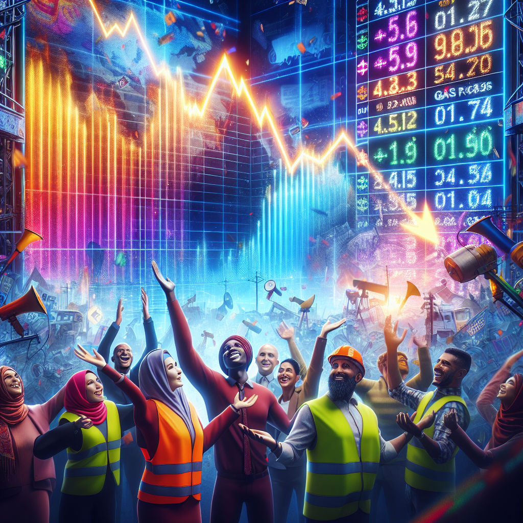Visualize a striking scene representing the decrease in gas prices. The background is a large, detailed stock market board, glowing with various colors, prominently displaying falling numbers symbolizing gas prices. In the foreground, a diverse group of people, including a Middle-Eastern woman and a Black man, are celebrating enthusiastically. They wear clothing indicating they are knowledgeable energy sector workers, such as hard hats and vests with solar panel company logos. The atmosphere is electric, symbolizing the exciting energy policy shifts. The contrasting colors between the background and the people should create a striking image.