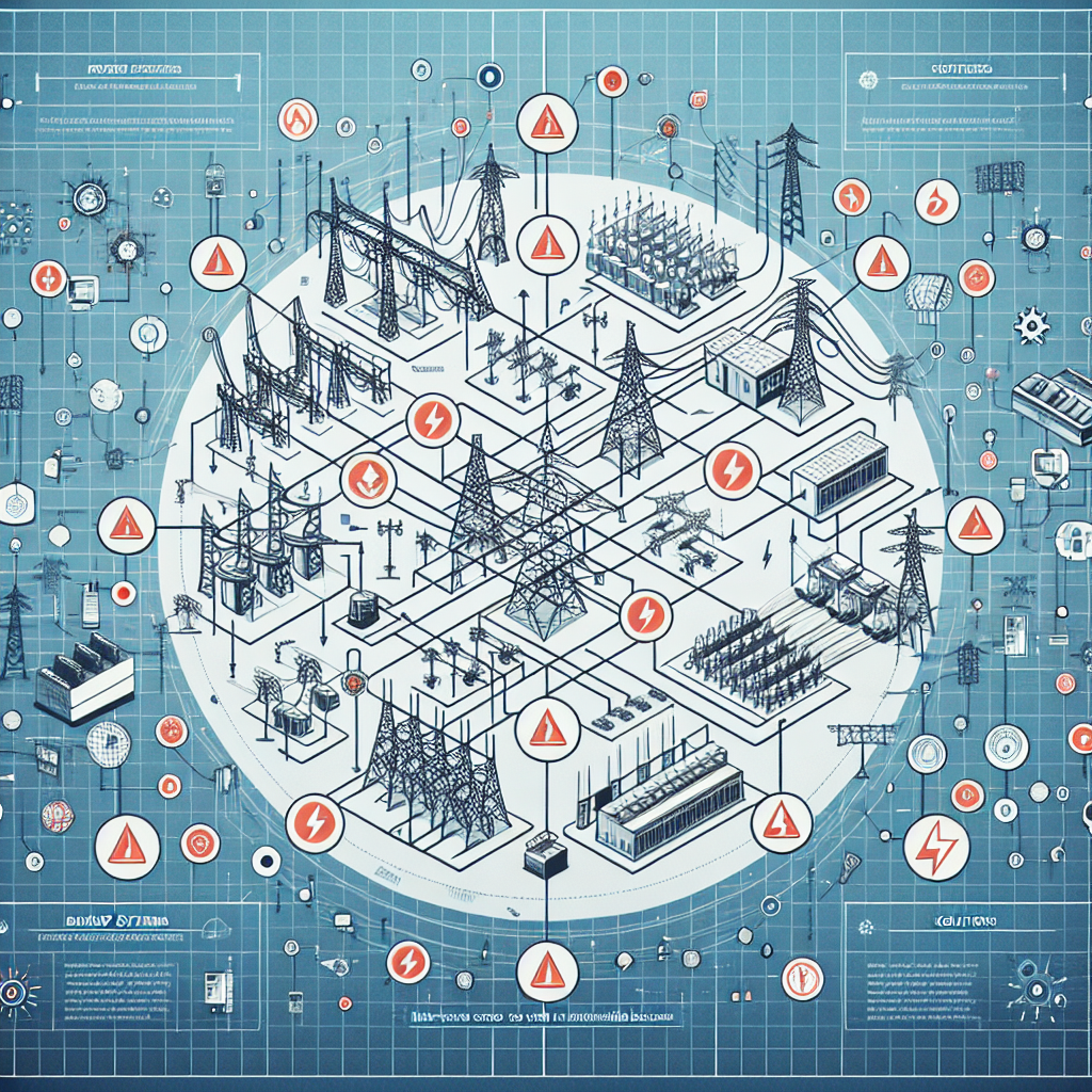 Illustrate an image demonstrating a complex power grid system, using a blueprint style layout. It should display interconnected power lines, stations, transformers and nodes, representing a national level structure. The image should have elements to represent the potential risk points, perhaps using red warning signs or lightning bolts. There should also be symbols to denote the solutions such as backup systems, renewable energy sources and smart grid technology. At the bottom corner of the image, there should be a text box with the bold title 'Power Grid Failure Risks: Must-Have Solutions to Avoid Nationwide Blackouts'.