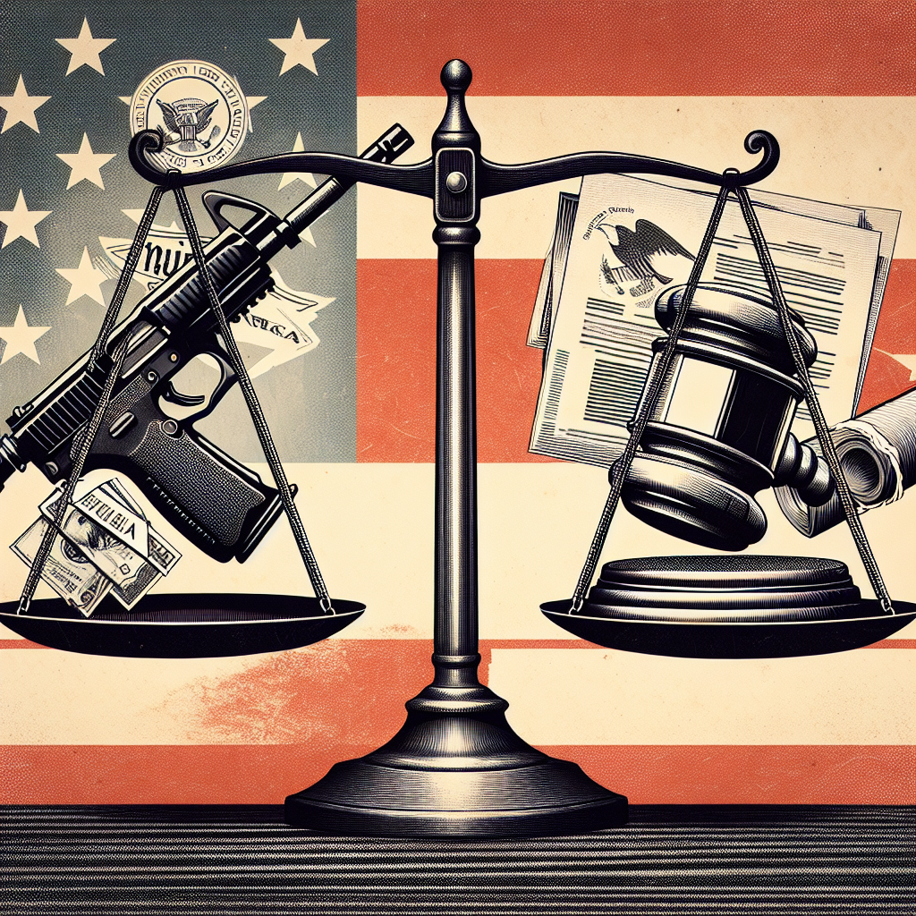 An illustrative image showing a balance scale in the middle, with one side symbolizing the problem of gun violence, portrayed through a gun wrapped in a caution tape, and the other side representing the solution, symbolized by a symbol of federal law, such as a gavel or a document with a seal. The background is a faded American flag, representing the national scope of the issue. The image captures the tension and the magnitude of the gun violence crisis and the need for federal legislation solutions in the United States.