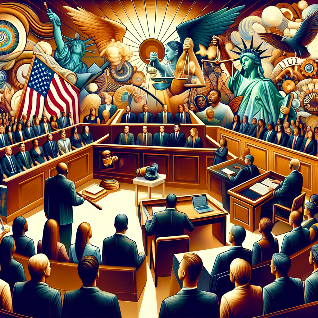 Illustrate an abstract concept of a high-profile court trial in the United States. Showcase the inner workings such as a judge, jury, legal documents, and a gavel. Please do not depict any specific trials, public figures, or identifiable individuals. Instead, aim for a general representation that highlights justice, law, and order. The spectators in the gallery should be a diverse mix comprised of Asian, Hispanic, black and white individuals, both male and female. Somewhere within the image, include an open book symbolizing 'must-read verdicts'.
