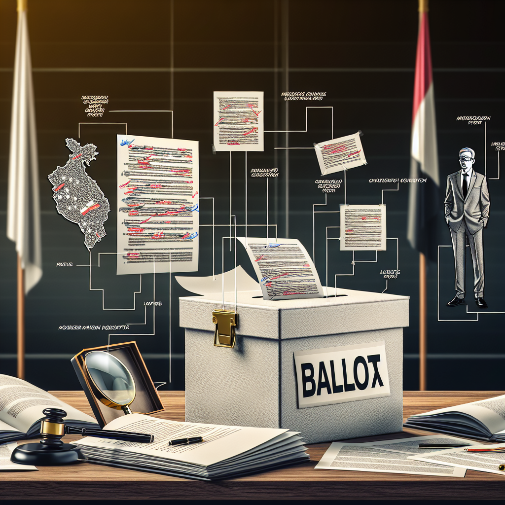 A graphic representation of a ballot box located on a wooden table and surrounded by legal documents, including modified voting laws and regulations, marked up with highlights and notes. Nearby, a South Asian man in a grey business suit, glasses, and black tie is studying the documents using a magnifying glass, showing the thoroughness of the review process. In the background, a flagpole with a completely white flag symbolizing neutrality is visible. The atmosphere is quiet and serious, reflecting the gravity and importance of these changes.