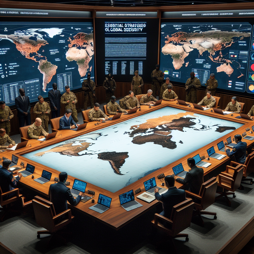 A large, wooden conference table sits in a well-lit room. Atop the table, various strategic maps are unfurled. There, figures representing Black, Hispanic, Middle-Eastern, South Asian, and Caucasian male and female military officers are gathered, each studying the maps attentively. To one side of the room, a large screen showcases a world map, highlighting various regions with markers. Open laptops are scattered about, displaying pie and bar charts, text, and statistics related to global security. On the front, a sign reads 'Essential Strategies for Global Security'.
