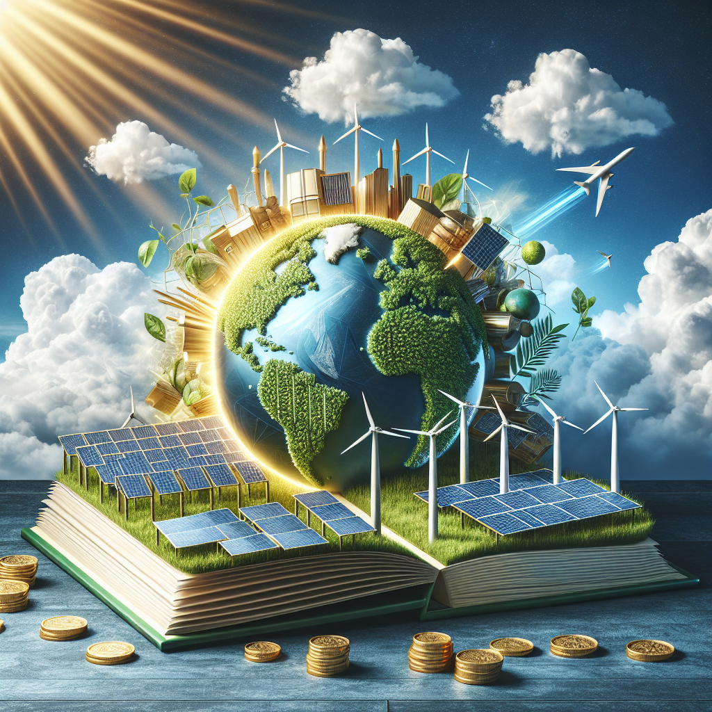 Picture a balanced symmetrical composition which prominently displays a globe with the continents in green symbolizing environmental consciousness. There are solar panels and wind turbines seamlessly integrated into the landscapes, signifying clean energy. Powerful rays of sunlight fall onto the globe, embodying solar power. In the background, a blue sky with puffy white clouds suggests a bright, clean future. A book containing the words 'Climate Change Legislation' lies open on one side, illustrating the focus on essential action. Beside it, a pile of gold coins indicates investment, hinting at the financial aspects involved in this cause.