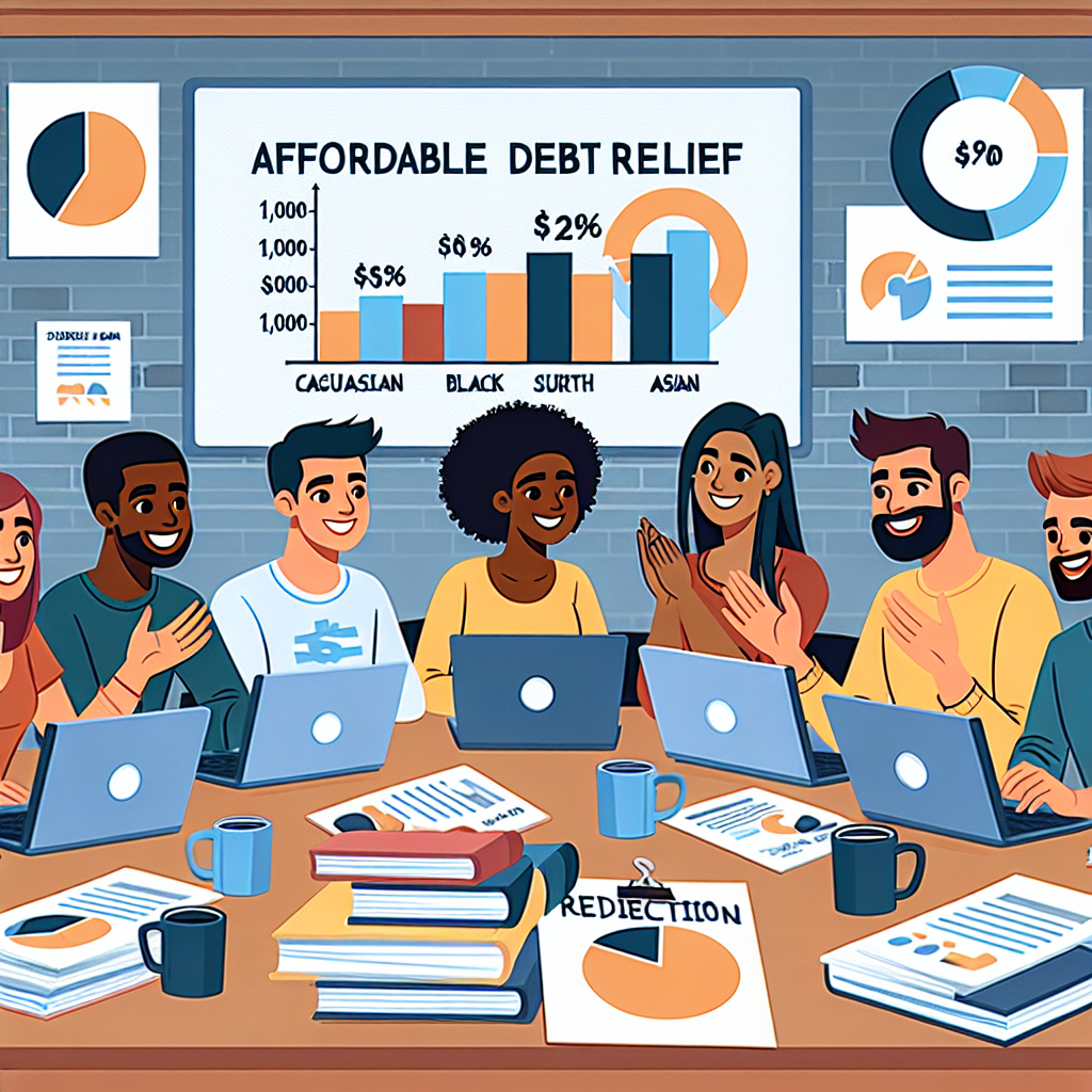 Illustrate an image of a diverse group of individuals representing different races such as Caucasian, Hispanic, Black, Middle-Eastern, South Asian, engaging in a discussion on student loan repayments. Each one opening a laptop with a screen showcasing bar graphs and pie charts showing reduction in student debts. The setting should be a casual office-like environment, and the expressions on their faces should reflect relief and ease. The background should be filled with document piles, coffee mugs and a whiteboard including a headline 'Affordable Debt Relief'.