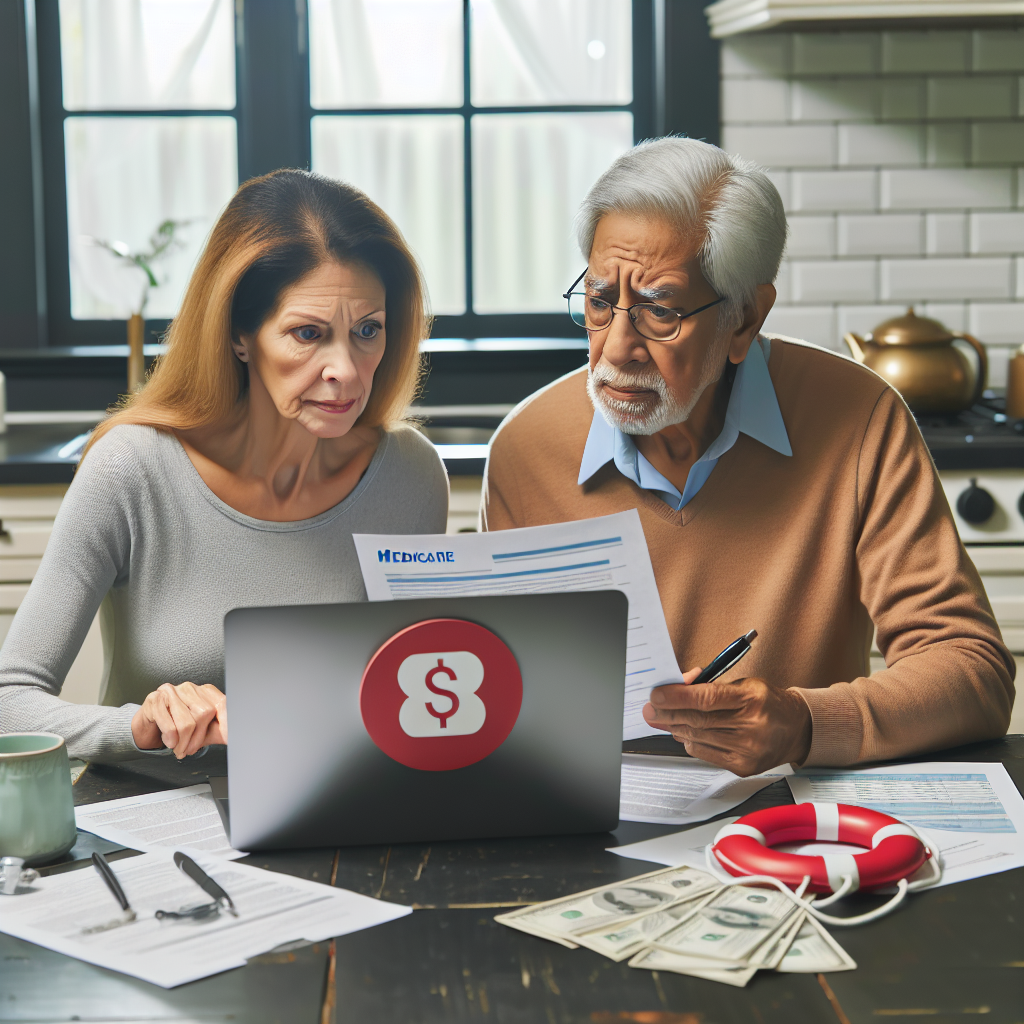 A scene where a middle-aged Caucasian woman and an elderly South Asian man are sitting around a kitchen table with concerned expressions on their faces. On the table, there are several papers that appear to be medical bills and healthcare documents. They are using a laptop to research and understand changes in Medicare. Next to them, a life preserver is attached to a healthcare symbol, giving the impression that the information they are finding is providing a lifeline for them amidst rising healthcare costs.