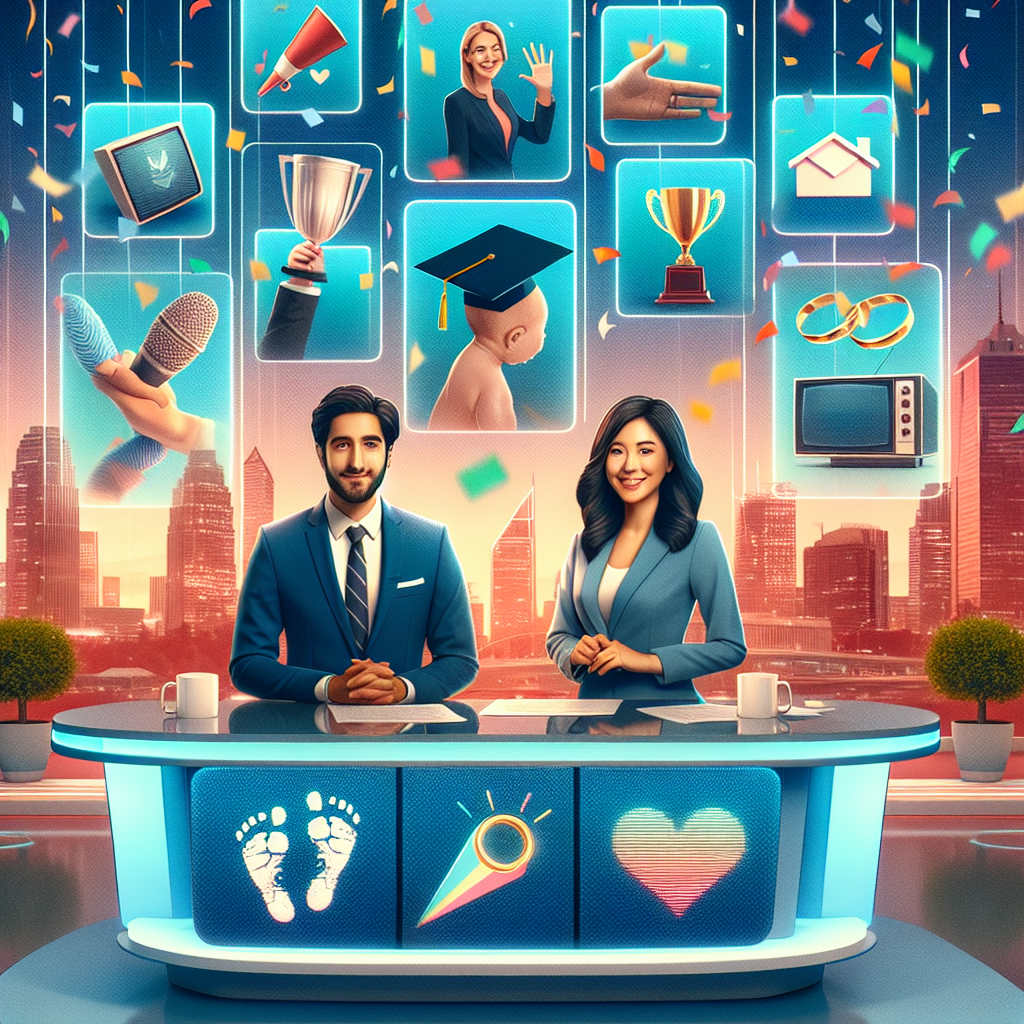 A snapshot of an abstract newsroom setting: a pair of anchors at a modern news desk, surrounded by screens showcasing positive symbols such as a graduation cap, a trophy, a newborn's footprints, a wedding ring, and a new home. One anchor is a Middle-Eastern man, dressed in a crisp suit, while his co-anchor is an Asian woman exhibiting an enthusiastic demeanor. The background frames a vibrant city skyline confetti-filled moment celebrating positive news.