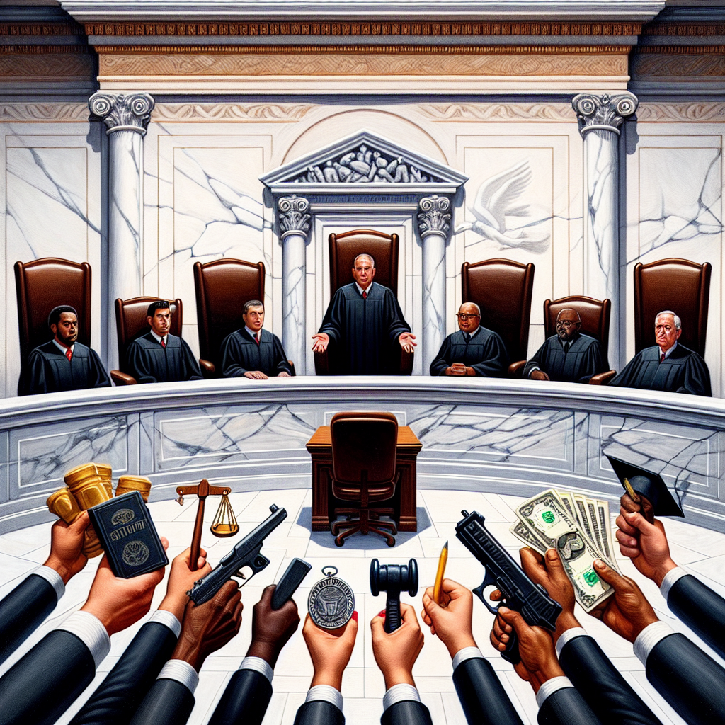 Illustrate a scene of a grandiose, marble-laden, classical-style courtroom with a set of nine chairs, indicating the presence of supreme authority. Show diverse hands of both genders - Caucasian, Hispanic, Black, Middle-Eastern, and South Asian - holding symbolic objects that represent abortion (a broken chain), gun laws (a balanced scale), and student loans (a diploma tied with a dollar bill). Ensure to depict an aura of solemn deliberateness, gravity, and power that's typically associated with such judicial proceedings. 