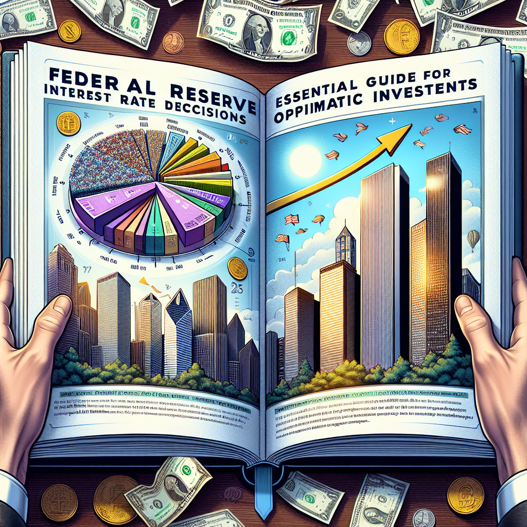 Visualize a large illustrated guide book that is open in the middle. The left page is titled 'Federal Reserve Interest Rate Decisions' and features a detailed graphic of a pie chart and upward-pointing arrow, symbolizing growth. The right page says 'Essential Guide for Optimistic Investors' with an image of a clear sky embodied with the word 'Hope' hovering above tall skyscrapers representing investments. Multiple currencies fluttering around to symbolize diversity in investments. An anonymous hand browses the pages, immersing in the financial wisdom.