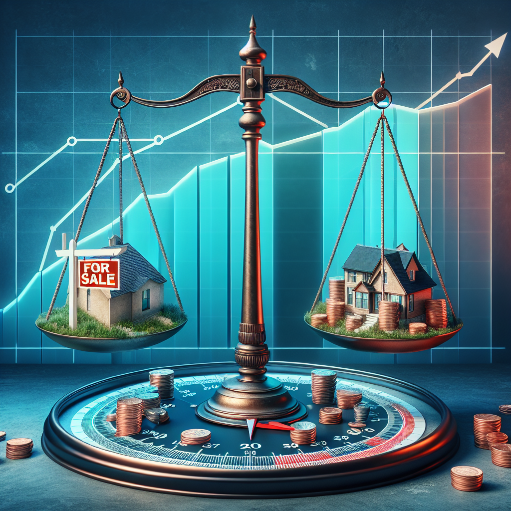 Imagine an image depicting the basic components of the housing market in the United States. There's a balanced scale at its center, symbolizing the market's delicate equilibrium. On one side of the scale, there's a house with a 'For Sale' sign and on the other side, there's a pile of coins, indicating increasing mortgage rates. The background contains a graph presenting a rising curve to denote the escalating crisis. Occupying a significant space in the foreground, a compass labeled 'Best Strategy', signifies hope and guidance for navigating through this situation.