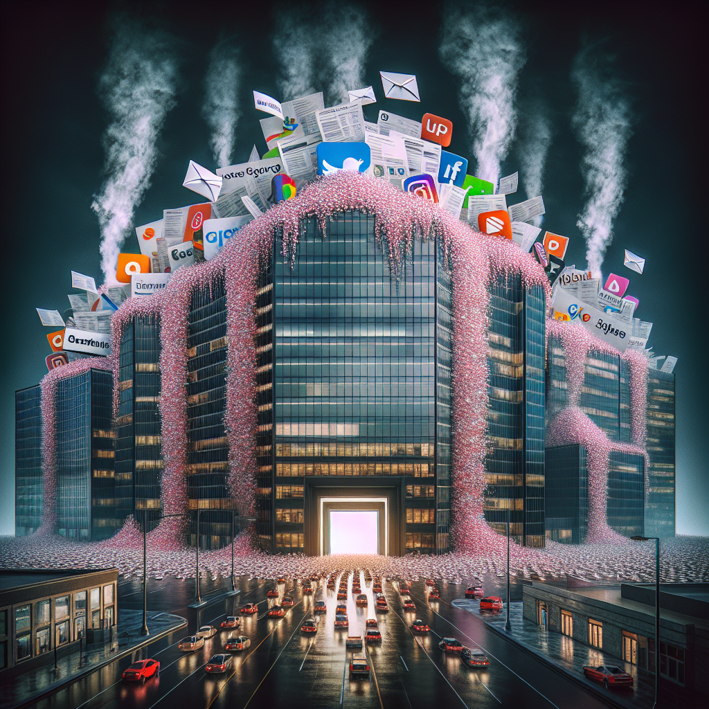 A dramatic visualization representing the concept of multiple high-tech companies facing significant employee layoffs. Imagine large corporate buildings symbolizing major tech companies, such as a search engine firm, an online marketplace, a social media corporation, and an electric car manufacturer, with a vast flood of paper pink slips pouring out from their entrances, filling the streets. Intertwine themes of uncertainty and disruption to express the unsettling scenario.