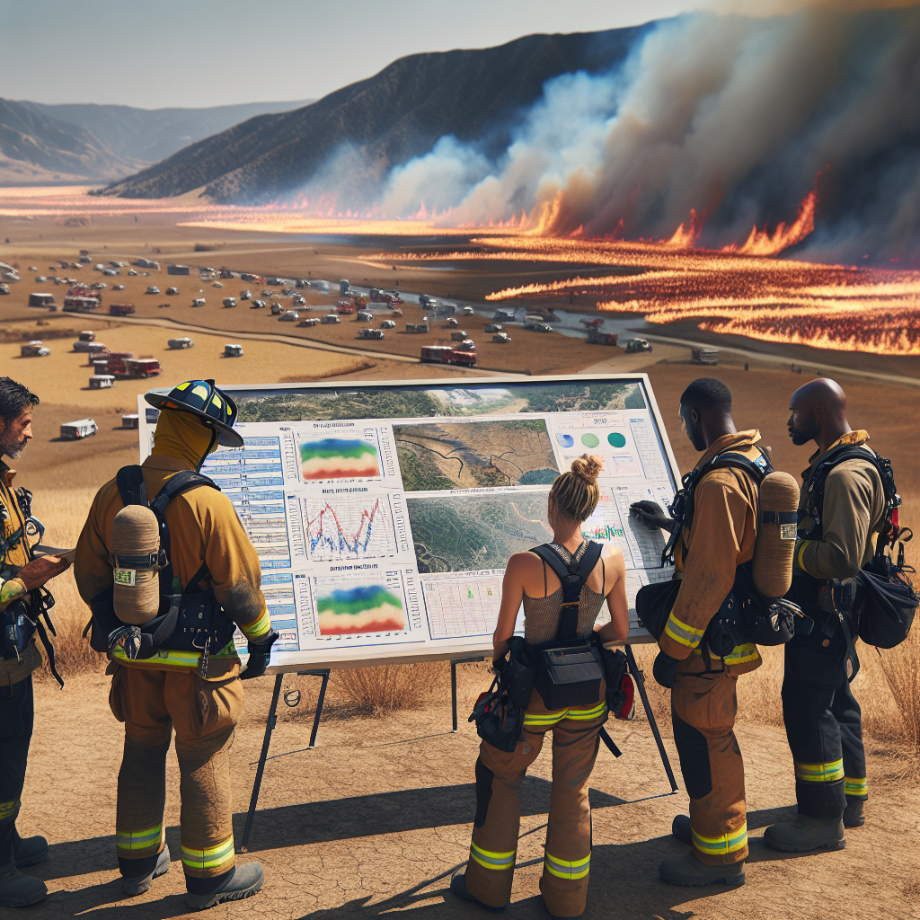 Picture the scene of a vast landscape under the scorching sun, the ground parched and cracked with signs of extreme heat and drought. In the foreground, a diverse group of firefighters - a Caucasian male, a Hispanic female, an Asian female, and a Black male - don their gear and prepare to combat an approaching wildfire. They strategize over a map, marking crucial areas of the blaze. Amidst them, a large display presenting statistical information about predicted heatwaves, with colorful graphs and tables. Their expressions are serious, resolute, reflecting the severity of the situation and their determination to fight it.