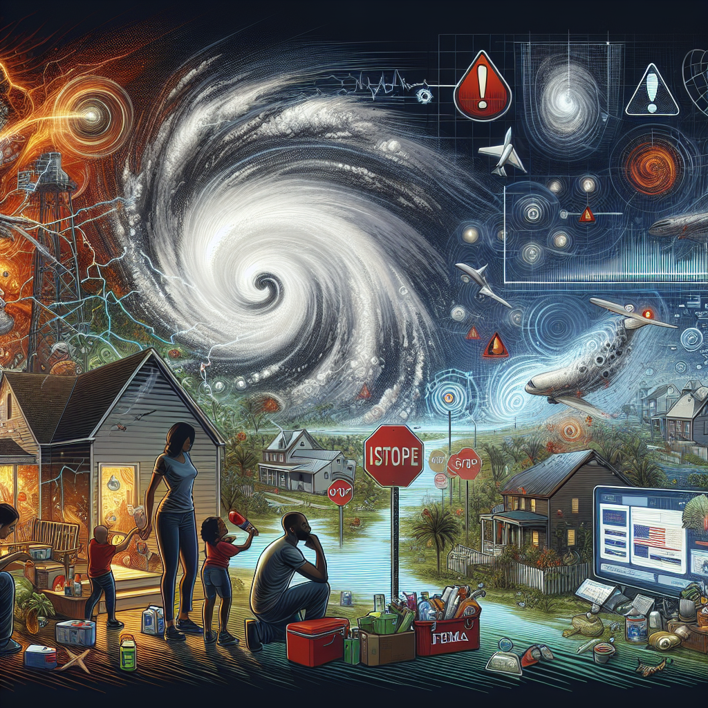 Visualize an artistic representation of an article dedicated to FEMA Emergency Preparedness Updates. Display elements such as a hurricane depicted in a detailed, scientifically accurate manner, with strong swirling winds and heavy rainfall. Include symbolic indications of alerts, like red warning signs or flashing lights. Add a touch of modern digital world with visuals representing technology used for weather tracking and communication, like radars and a computer screen showing hurricane tracking software. Depict a foreground featuring a family, an African-American woman, a Hispanic man, and two Caucasian children, busily preparing for the hurricane, securing their home, packing emergency supplies and preparing evacuation routes.