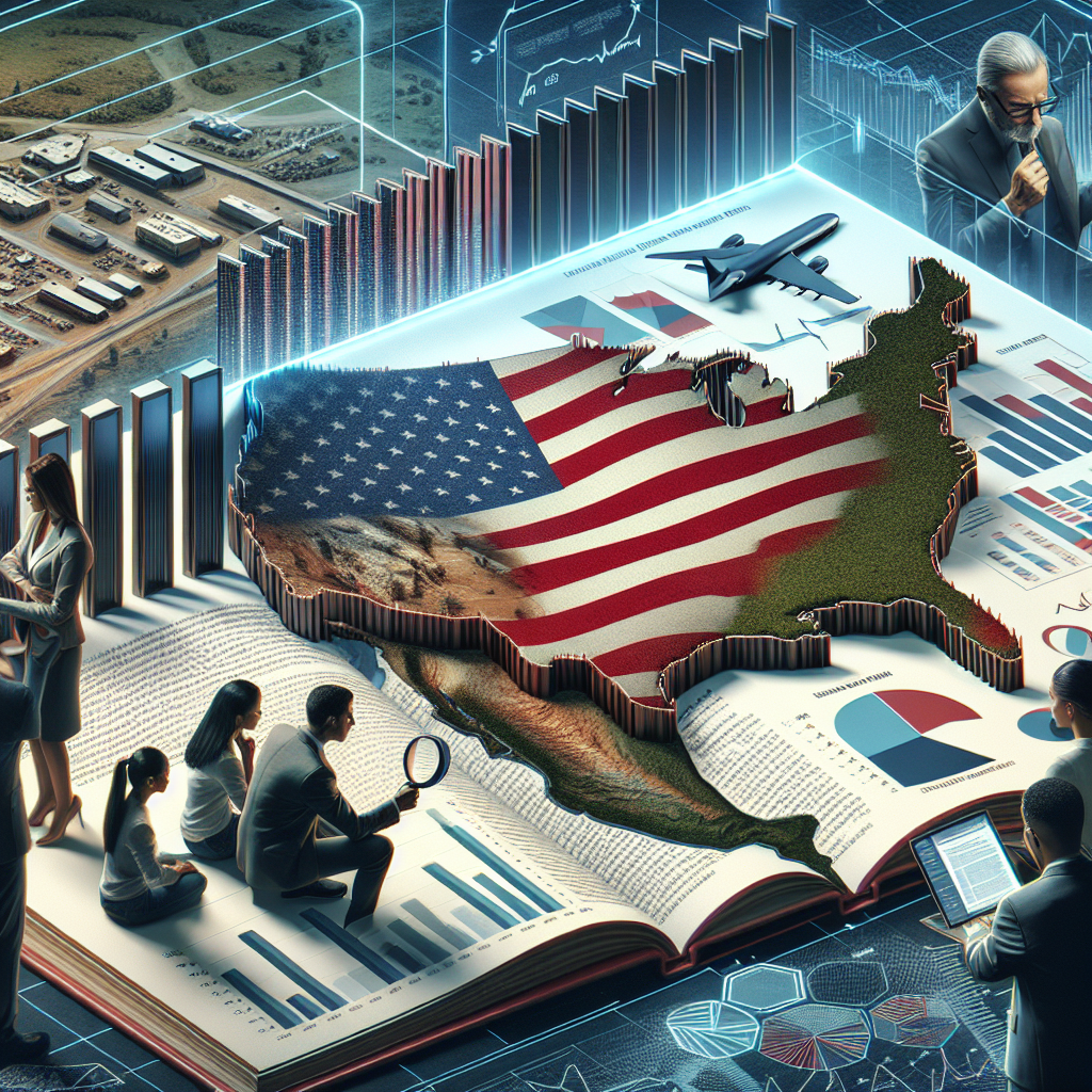 An image depicting a detailed map of the United States with emphasis on the borders. There are modern, sleek border control infrastructures illustrated along these borders. Intermingled in the scene are figures of people examining and analyzing documents - a Caucasian woman with glasses, a Middle-Eastern man holding a magnifying glass, and an African American woman with a laptop. In the foreground, a large open book illustrates detailed insights on US Immigration policies and updates, with an overlay of bar graphs and pie charts showing statistical data. Gestures of discussion and collaboration signify a progressive approach towards the values of promise and freedom the country stands for.