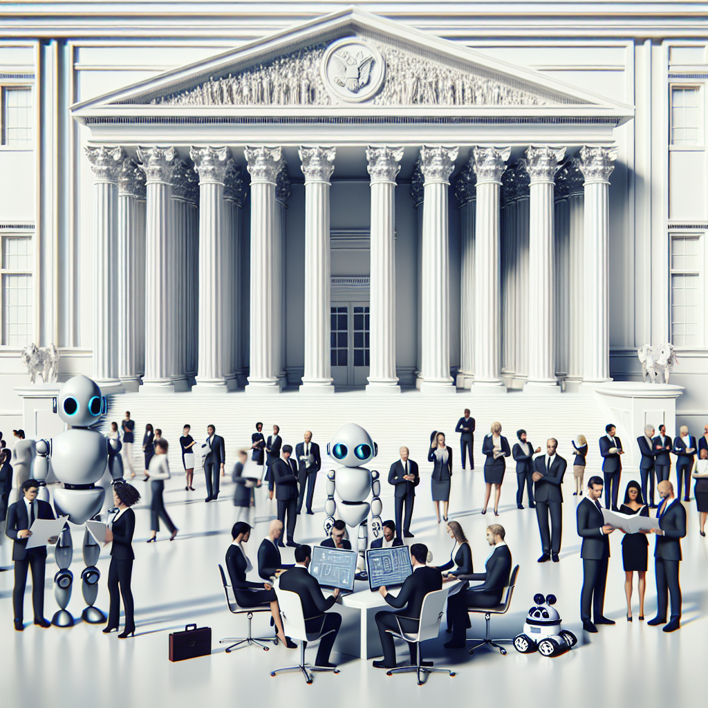 A clear and precise image of a large, classical building featuring white walls and columns, symbolic of the government. In the foreground, a variety of people in business attire representing different genders and ethnic backgrounds discuss. They're holding a large document titled 'AI Regulation: Best Practices' while standing around a table filled with laptops and robots, suggesting an atmosphere of collaborative decision-making about technology policy.