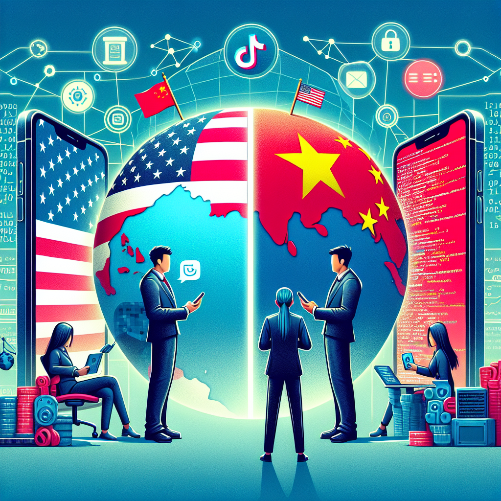 Illustration of two people standing on either side of a large globe that's divided in half, representing the tech worlds of the United States and China. On the U.S. side, the individual is holding a smartphone with the TikTok logo blurred out – symbolic of a potential ban. On the Chinese side, a person is presenting a screen filled with coding script and digital technology symbols. Both individuals are engaged in a heated discussion, which portrays the ongoing TikTok ban debate and the prevalent tech tensions. Background is adorned with various tech icons and world map networks.