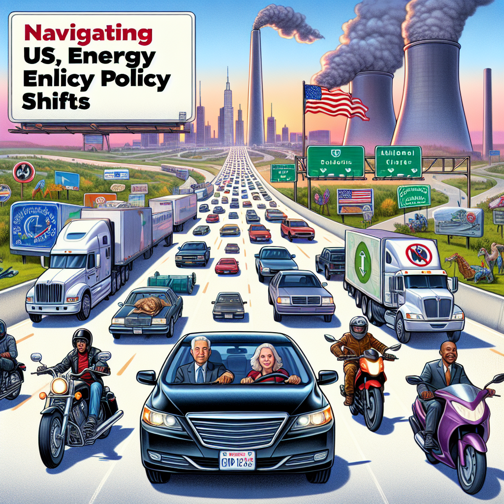 Visualize a large highway filled with different types of vehicles: sedans, trucks, motorcycles with diverse drivers such as a middle-aged Hispanic woman in her sedan, a young Caucasian man riding his motorcycle, an elderly Black man in a large truck. The background should contain large billboards displaying skyrocketing gas prices. Alongside the highway, depict a large navigation compass symbolizing directions. Above all, illustrate a thick, illustrative guide that has the title 'Navigating US Energy Policy Shifts', symbolizing a guide for understanding energy policy shifts.