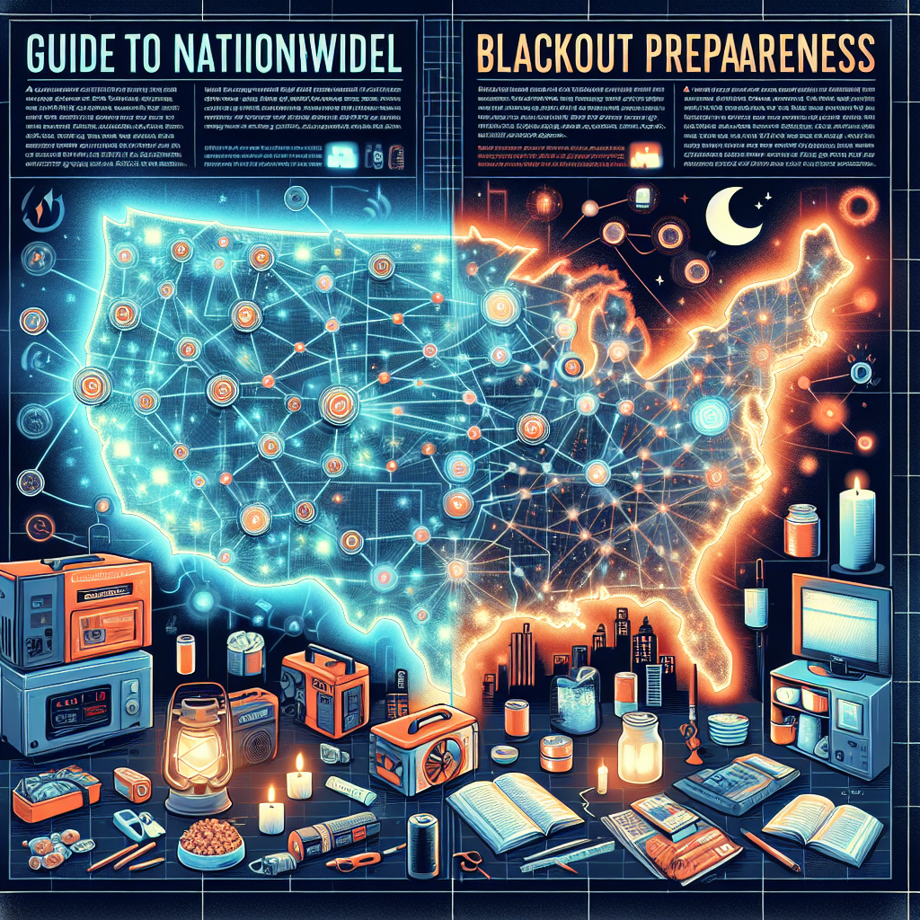 An illustrative depiction of a power grid map with interconnected nodes, symbolizing the national electricity network. Half of it is glowing with vibrant energy, signifying operational status, while the other half is immersed in darkness, representing a failed power grid. Scattered around are various emergency preparations items such as a generator, battery-powered devices, candles, canned food and a first aid kit. An overlay of relevant text like 'Guide to Nationwide Blackout Preparedness' can be seen as well. The whole scene is stylized as an informative, topical and visually engaging infographic.