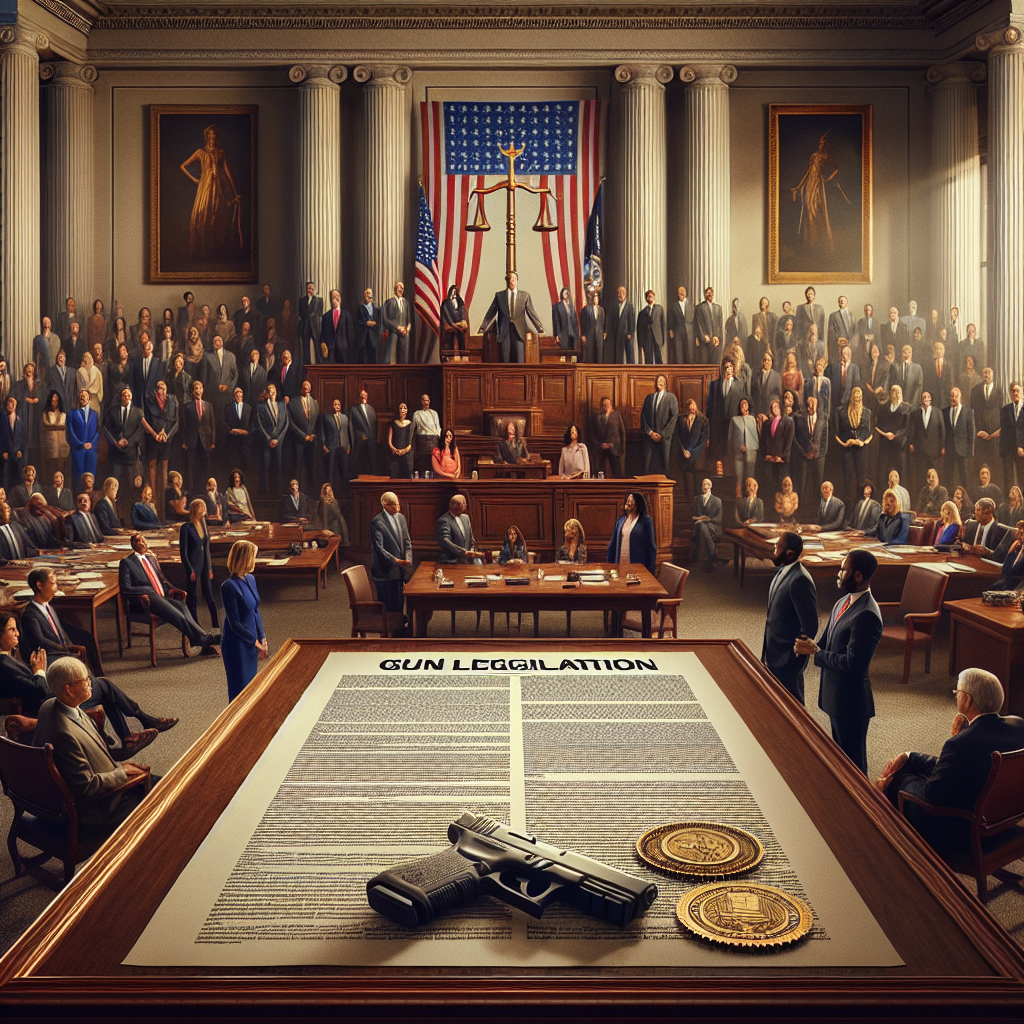 An image depicting a scene related to gun control legislation. At the center is a solid wooden table with a large document laid out on it, representing the legislation. The document is riddled with official looking seals and paragraphs of text. Behind this table, a diverse group of individuals, with representation from every gender and ethnic background, stand engaged in a heated discussion. They represent the lawmakers in decision-making positions. In the background, there's a large scale that symbolizes justice and equity, which hovers above the entire scene, casting a thoughtful vibe. All of this is portrayed within a government office interior, with the room bathed in soft, warm lighting.