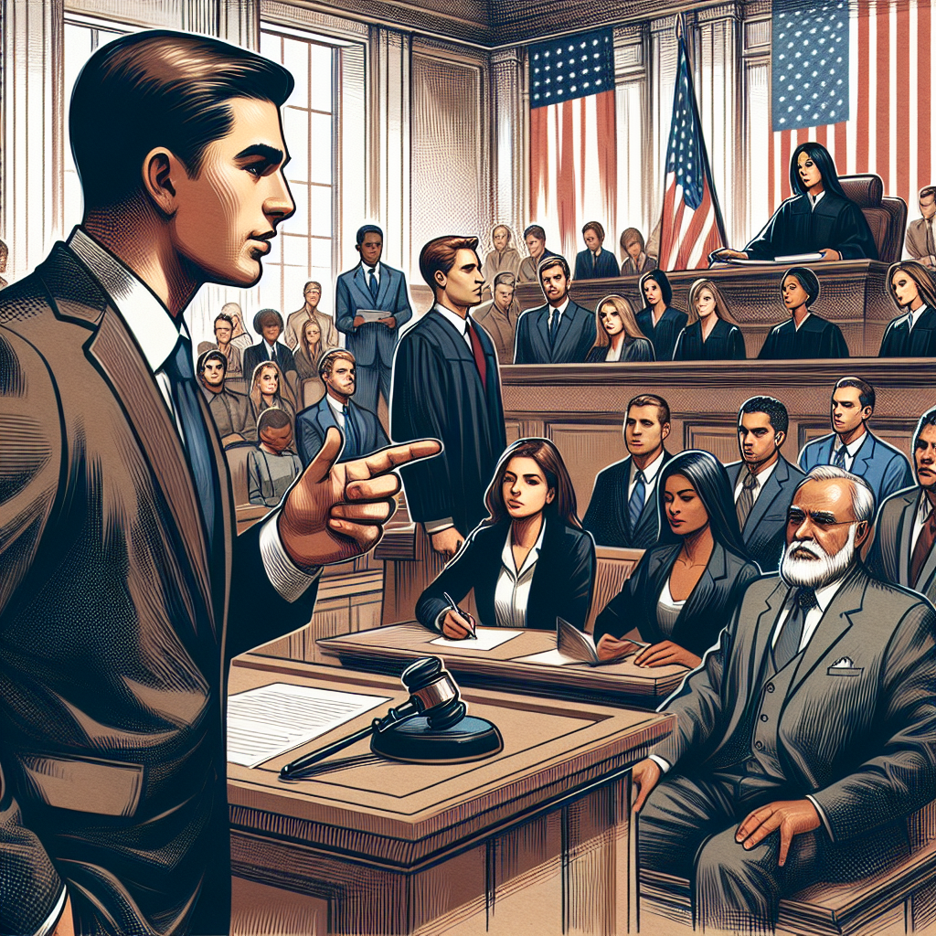 An image depicting a bustling courtroom scene set during a high-stakes criminal trial in the United States. In the foreground, a confident attorney of Hispanic descent is presenting his closing arguments to an engaged, multicultural jury. To the side, a Middle-Eastern female judge is observing the proceedings with a stern gaze. Irrespective of the intense atmosphere, everyone maintains a professional decorum. Please include details such as court documents, the American flag, a gavel, and other supporting elements to underline the scene's legal context.