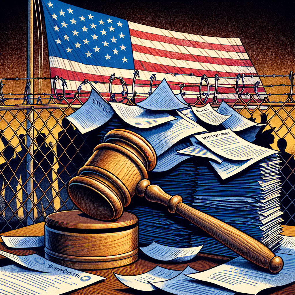An illustrated representation of the tumultuous times following a major U.S. election. Visualize a close-up of a large pile of papers meant to signify the voting law updates, on top of which rests a weathered wooden gavel to symbolize judicial authority. In the background, show an abstract representation of the U.S. national flag, waving behind a chain link fence, symbolizing the nation's diverse opinions. Please exclude all specific politicians or figures, focusing only on the symbols.