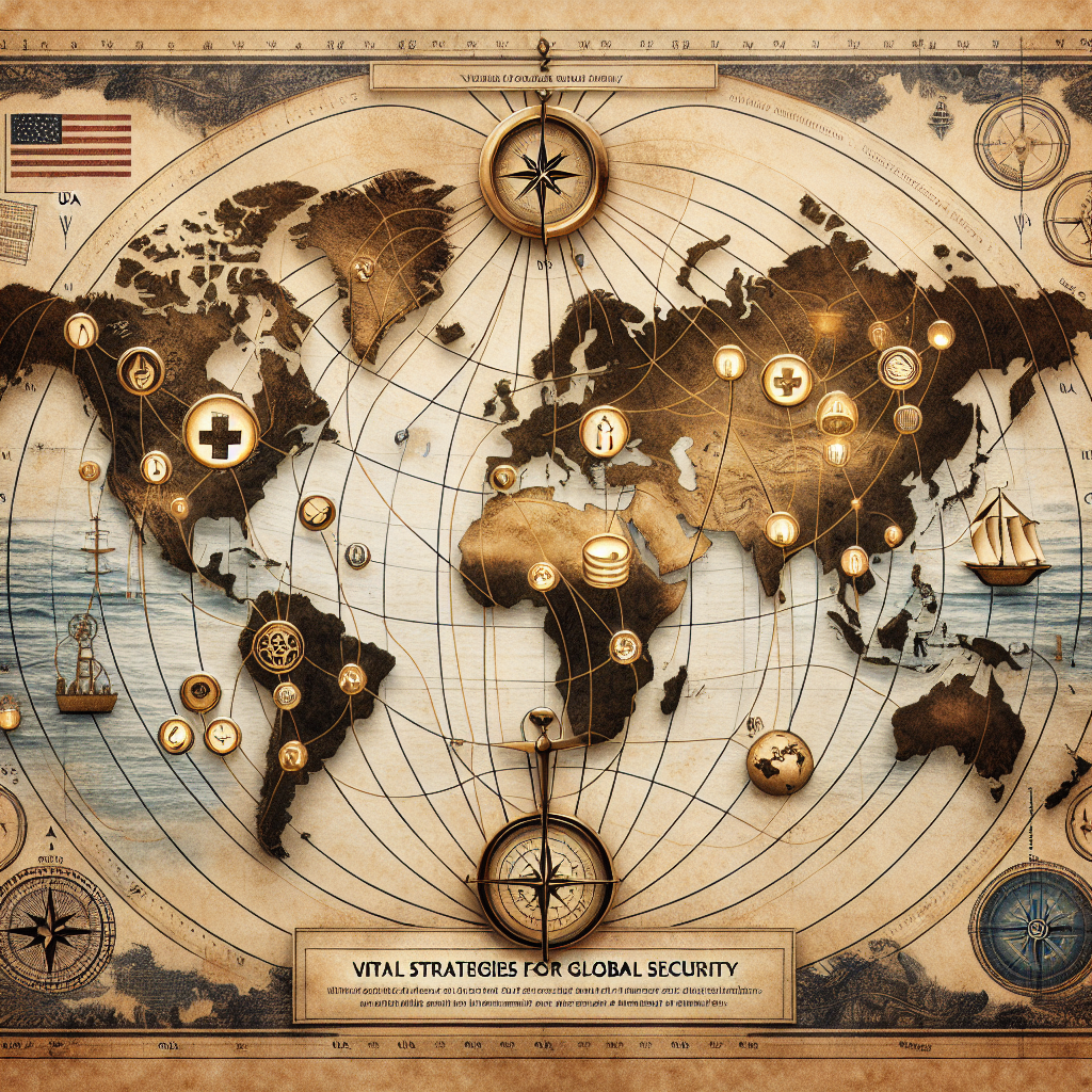 An intricate global map rendered on vintage parchment paper, with symbolic icons representing the different aspects of Military Aid like food, medical help, and weapons at specific geographic locations. Each icon is connected by thin lines to USA (identified by a tiny flag), indicating routes of aid supply. The backdrop: A calm ocean with a faint imprint of a compass rose and meridians. A golden balance scale hovers in the sky, symbolizing decisions made for global security. Written words, 'Vital Strategies for Global Security' in elegant calligraphy are accentuated at the bottom.