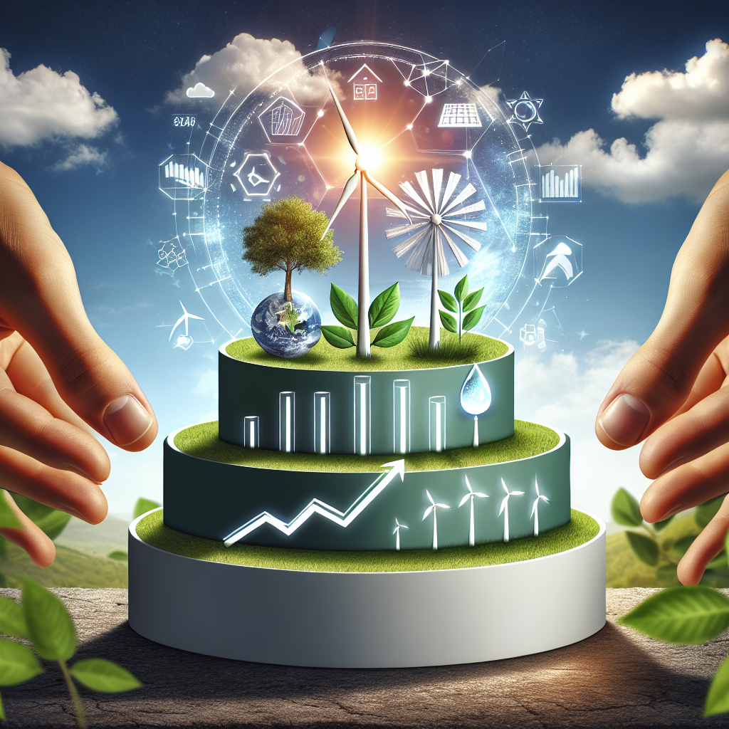 Visualize a tiered podium with three different symbols representing clean energy investments on each level. On the highest spot, place a stylized windmill signifying wind energy. On the second, showcase a radiant graphic of the sun representing solar energy. On the third level, portray a water droplet within a turbine, symbolizing hydro energy. Underneath the podium, include a dynamic, rising graph to represent growth. Form an eco-friendly backdrop with luscious green leaves and blue skies. In the foreground, display a pair of hands gently holding a small globe, signaling a caring approach towards our planet.