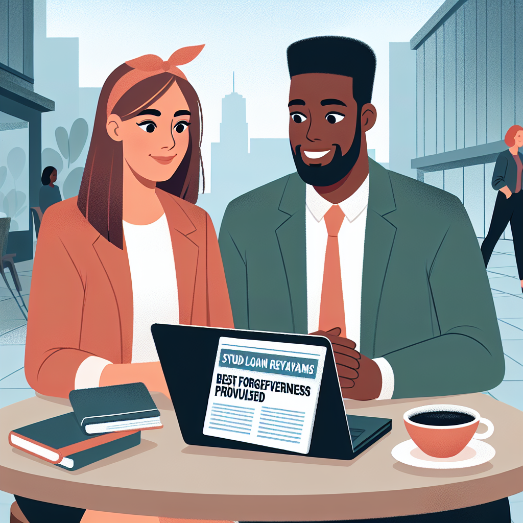 Illustrate a scene of a young Caucasian woman and a Black man both dressed in business casual attire sitting together at a coffee shop. They are engrossed in a discussion about student loan repayment. On the table, there is an open laptop with a display showing a news article titled 'Best Forgiveness Programs Unveiled'. There is a relieved expression on their faces. The background is a bustling urban environment, symbolizing opportunity and fresh starts.
