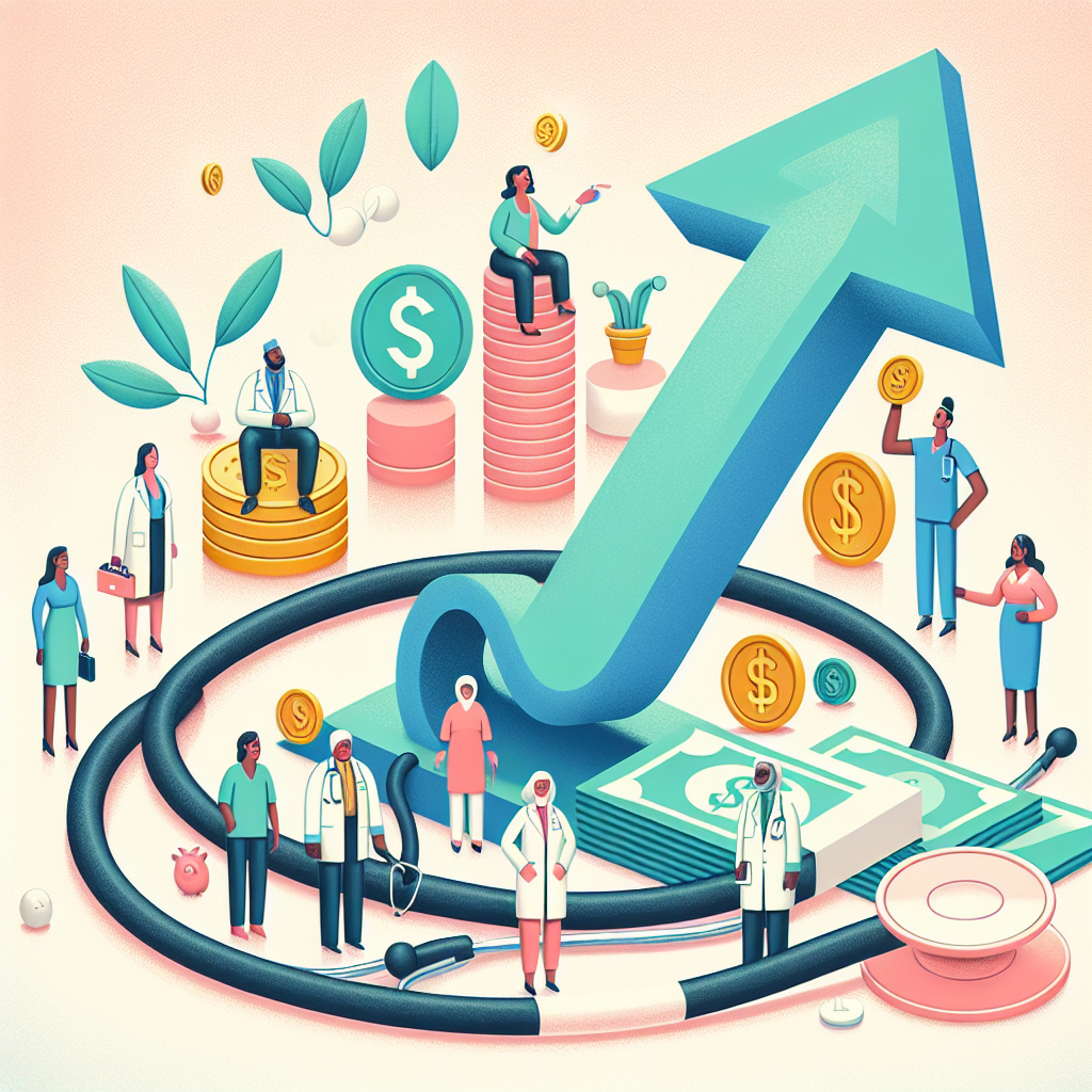 A healthcare-themed illustration, representing the concept of streamlining and affordable reforms in Medicare. The image should include symbolic elements such as stethoscopes, dollar notes, and coins morphing into a streamlined arrow pointing upwards to signify positive growth. Around the arrow, include various people of different genders and ethnicities like black, Hispanic, Middle-Eastern, Caucasian, South Asian, and white. They are depicted as patients, medical staff, and policy makers, illustrating the cooperative nature of these reforms. The overall color pallet should be pastel, to create a calming and approachable image.