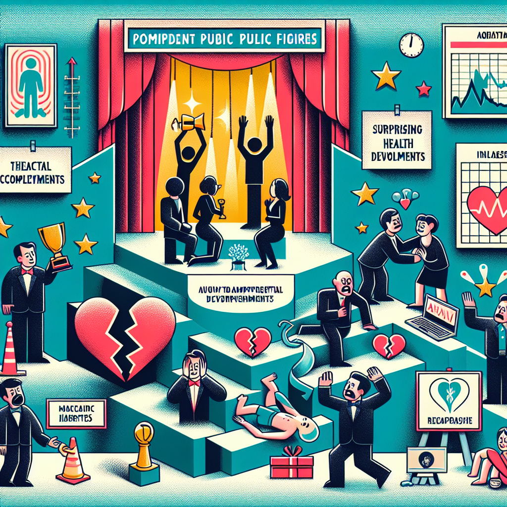 Create a visual narrative symbolic of prominent public figures reaching significant milestones in their careers, conveyed through depictions of awards, theatrical performances, or sports accomplishments. Then, shift the narrative to depict surprising health developments, represented by image elements such as medical charts, broken hearts, and symbols of illness or health challenges. Avoid creating depictions of specific individuals and instead focus on representative symbols. Ensure images are respectful and tasteful.